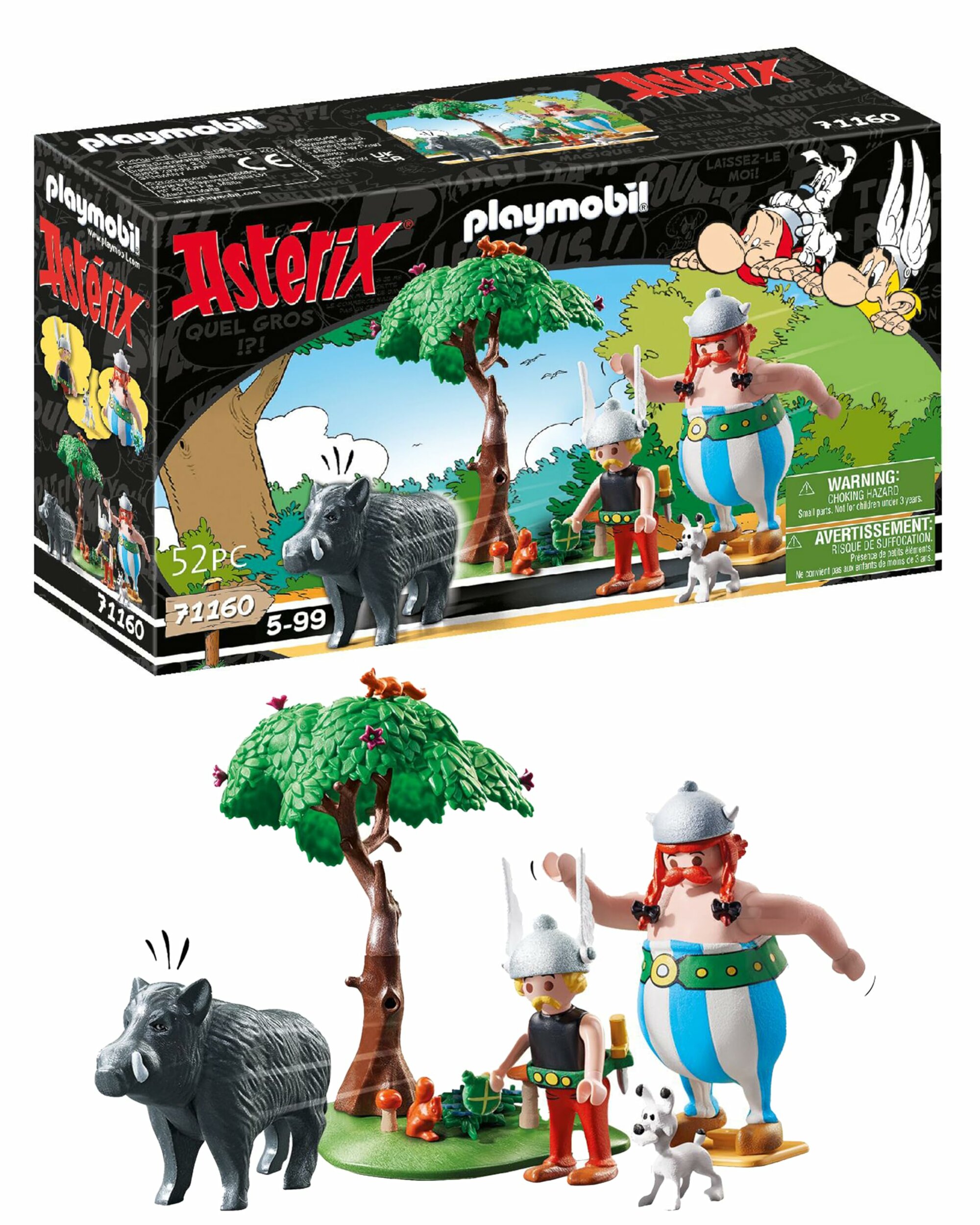 Boîte du coffret Playmobil 71160 et scène montée : Obélix, Astérix, Idéfix, le sanglier et larbre