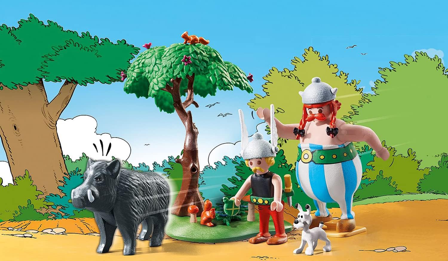 Scène montée sur un décor de forêt dessiné : le sanglier, larbre, Astérix, Obélix et Idéfix