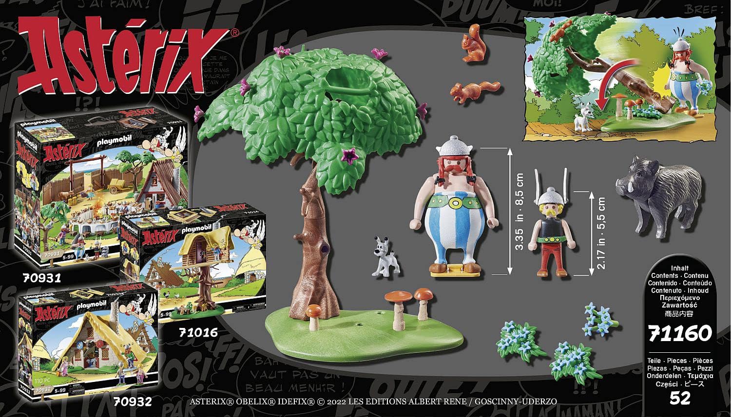 Dos de la boîte : contenu, taille des figurines (Obélix 8,5 cm, Astérix 5,5 cm) et trois autres coffrets