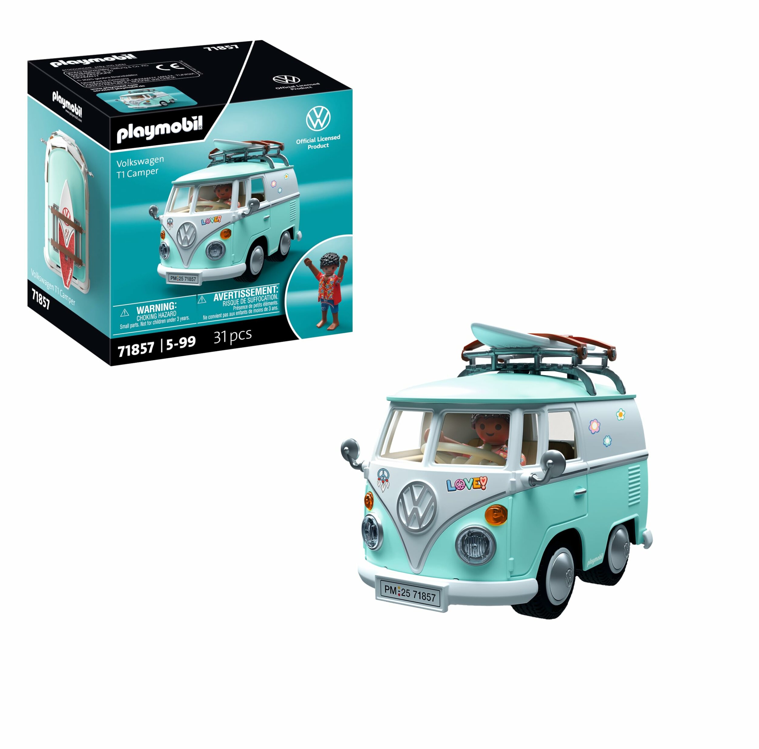 Boîte du coffret Playmobil 71857 et Combi Volkswagen T1 turquoise et blanc, planche de surf sur le toit