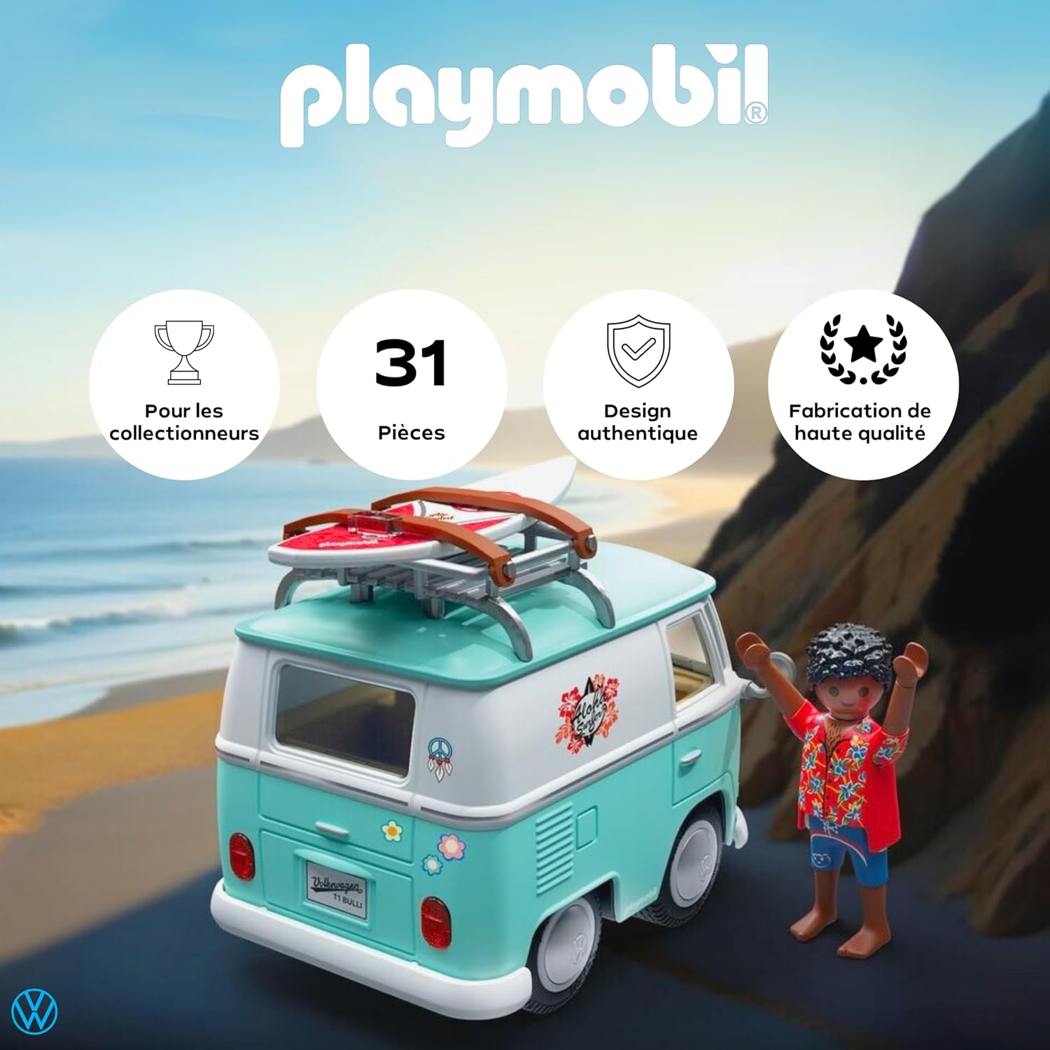 Visuel : Combi vu de larrière et vacancier en chemise à fleurs, pastilles 31 pièces et pour les collectionneurs