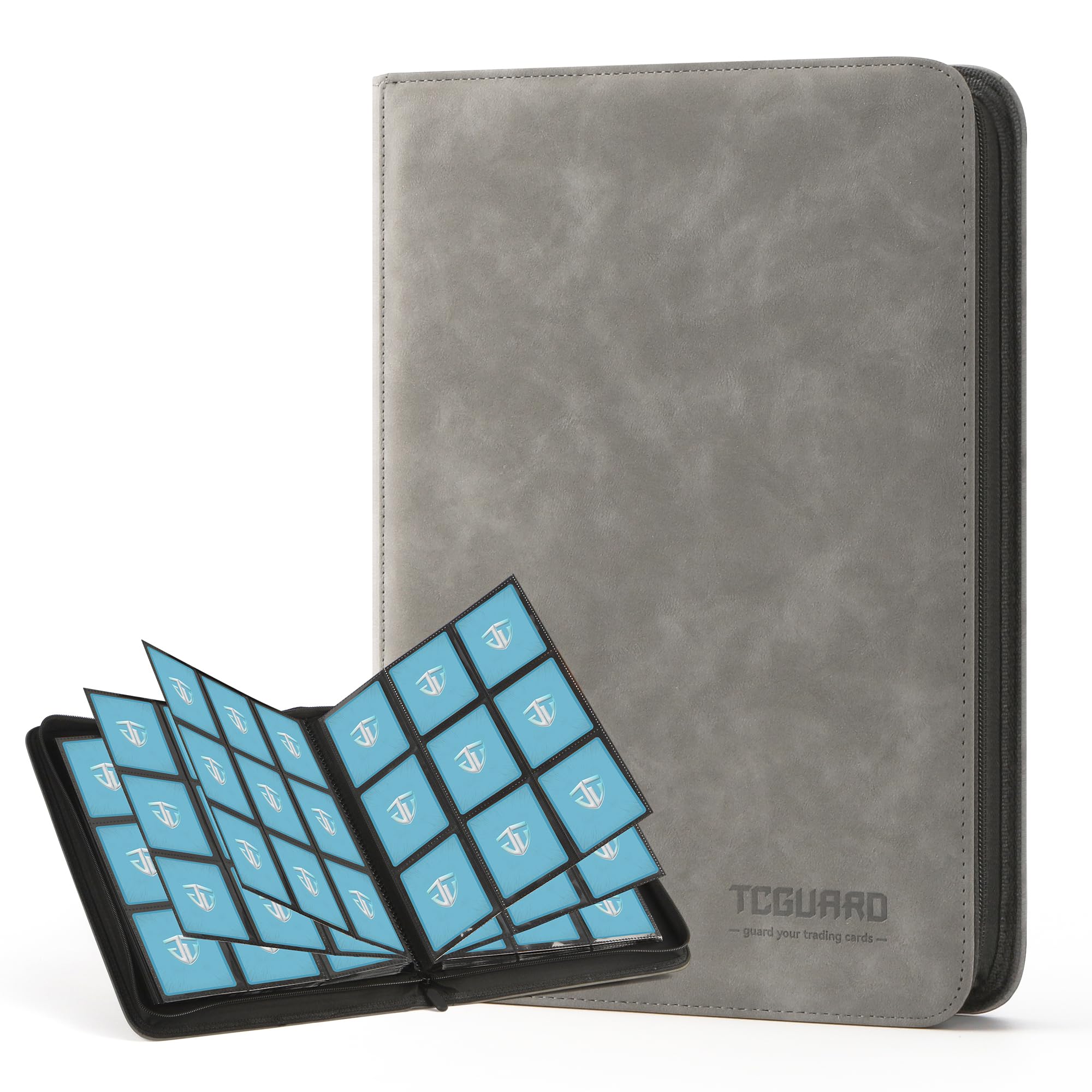Grand classeur TCGUARD gris, fermé, à côté de ses pages à 9 pochettes