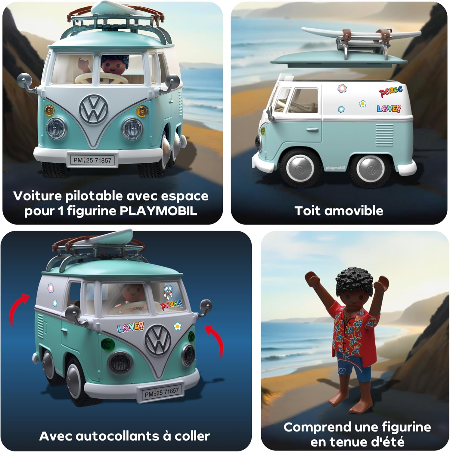 Quatre vignettes : figurine au volant, toit soulevé, autocollants à coller, figurine en tenue dété