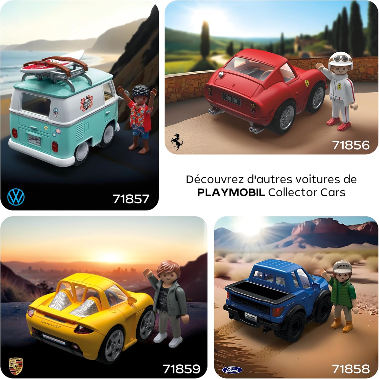Les quatre voitures Collector Cars : Combi 71857, Ferrari 71856, Porsche 71859 et Ford 71858