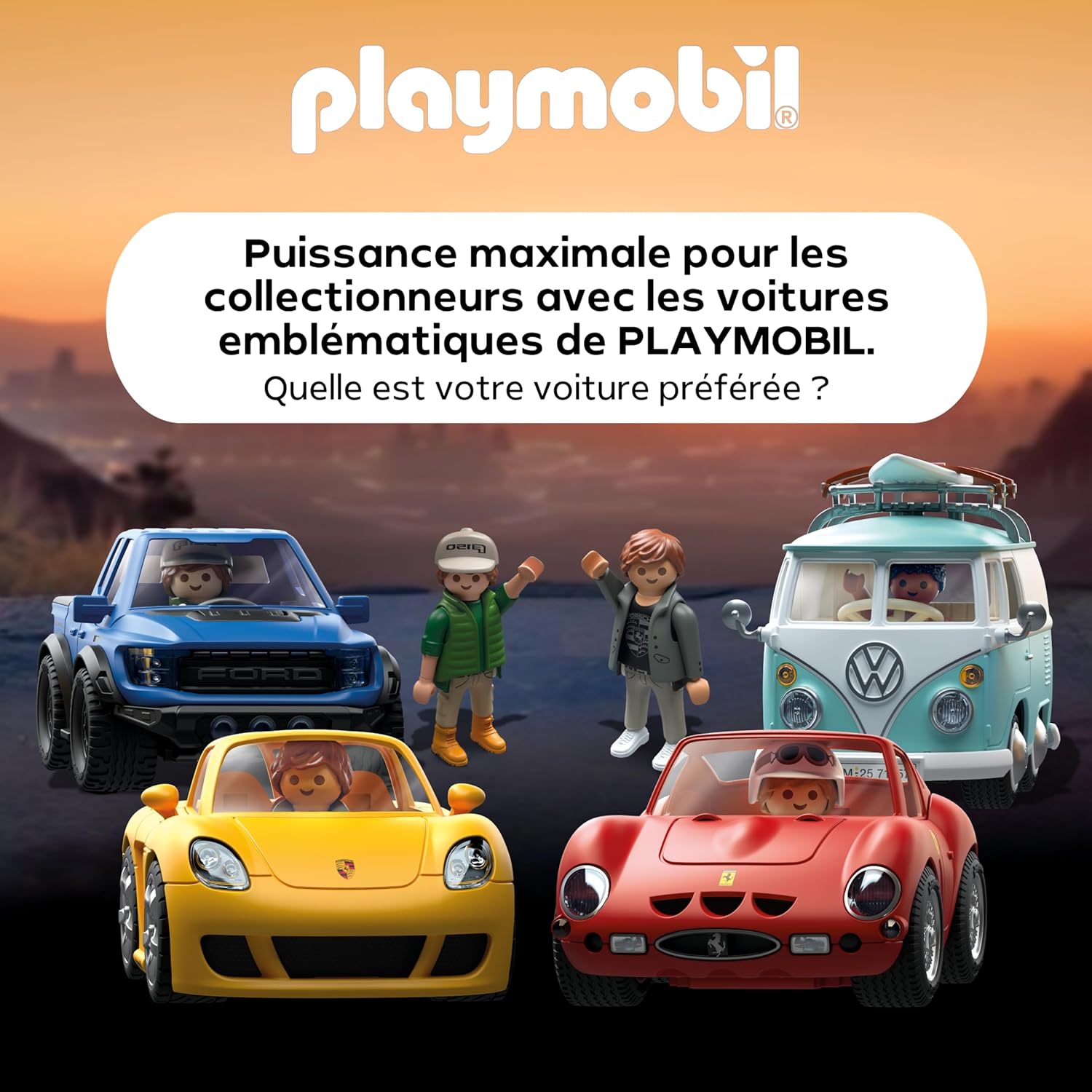 Visuel de la gamme : Ford, Porsche, Ferrari et Combi Playmobil avec leurs figurines au coucher du soleil