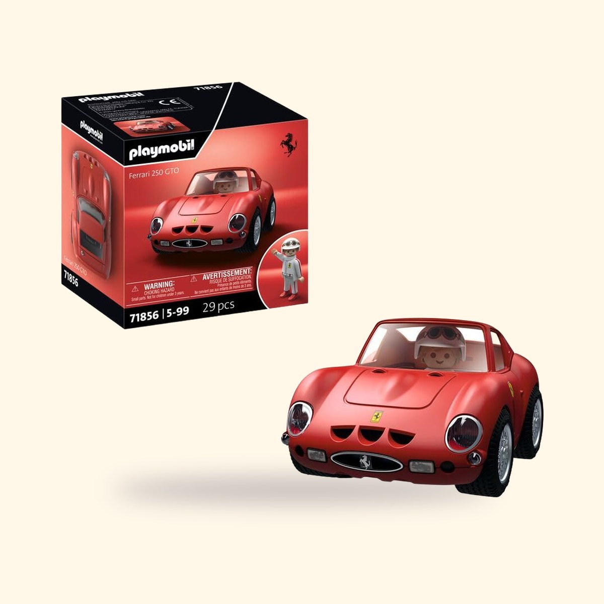 Coffret Playmobil 71856 et Ferrari 250 GTO rouge avec son pilote casqué au volant, sur fond crème