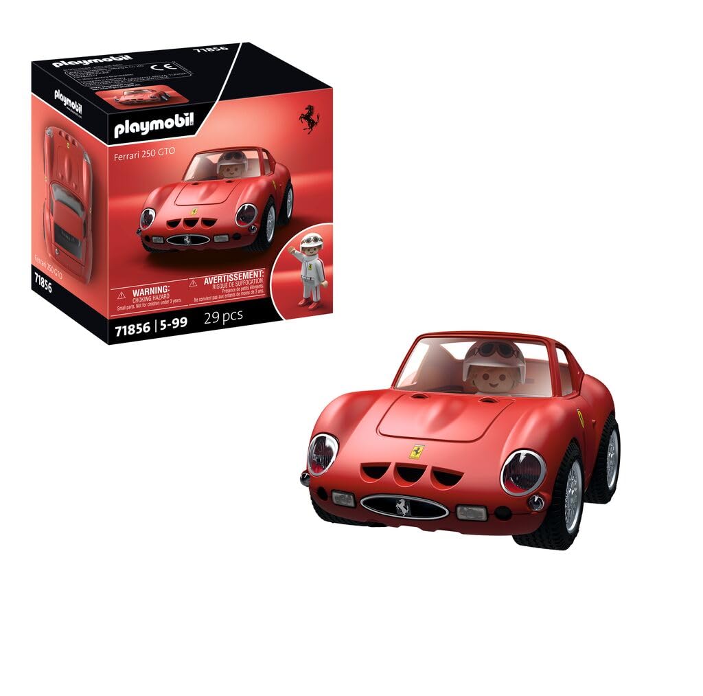 Boîte du coffret Playmobil 71856 et Ferrari 250 GTO rouge, le pilote casqué au volant