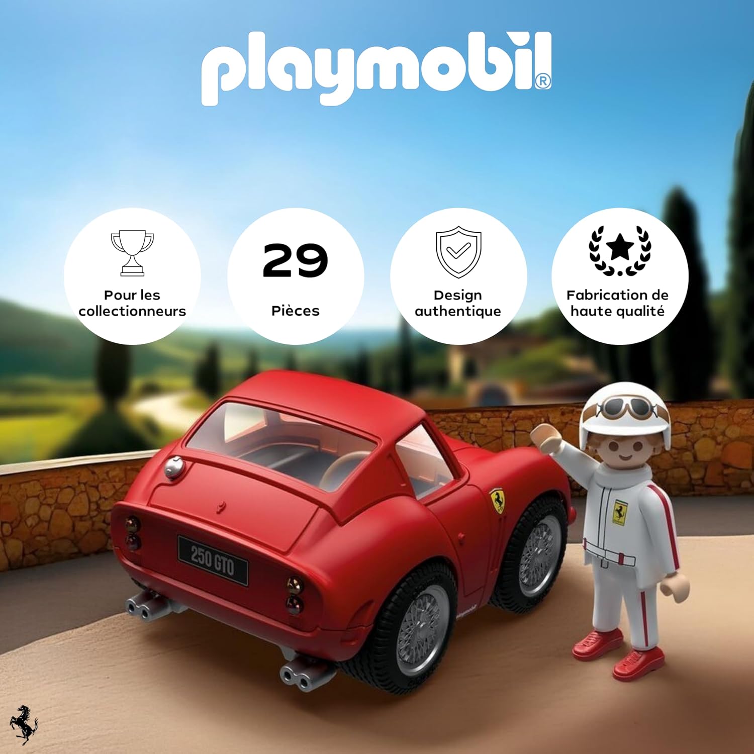 Visuel : Ferrari vue de larrière, plaque 250 GTO, pilote debout, pastilles 29 pièces et pour les collectionneurs