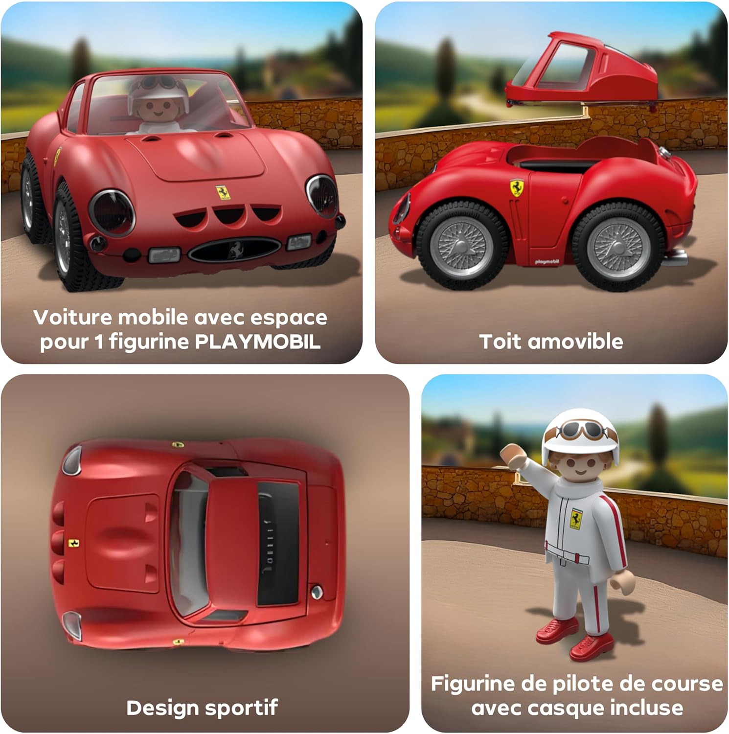 Quatre vignettes : pilote au volant, toit soulevé, voiture vue de dessus, pilote en combinaison et casque
