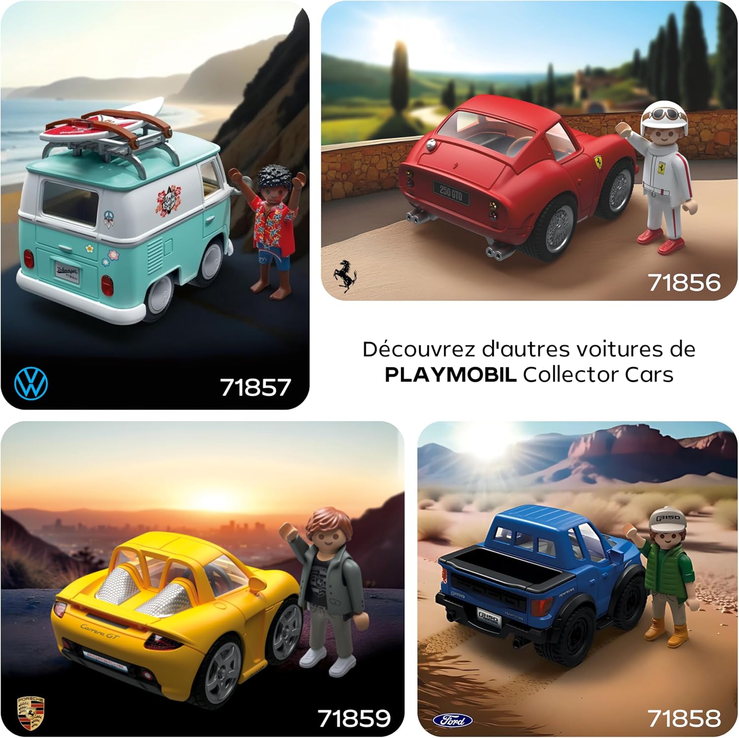 Les quatre voitures Collector Cars : Combi 71857, Ferrari 71856, Porsche 71859 et Ford 71858