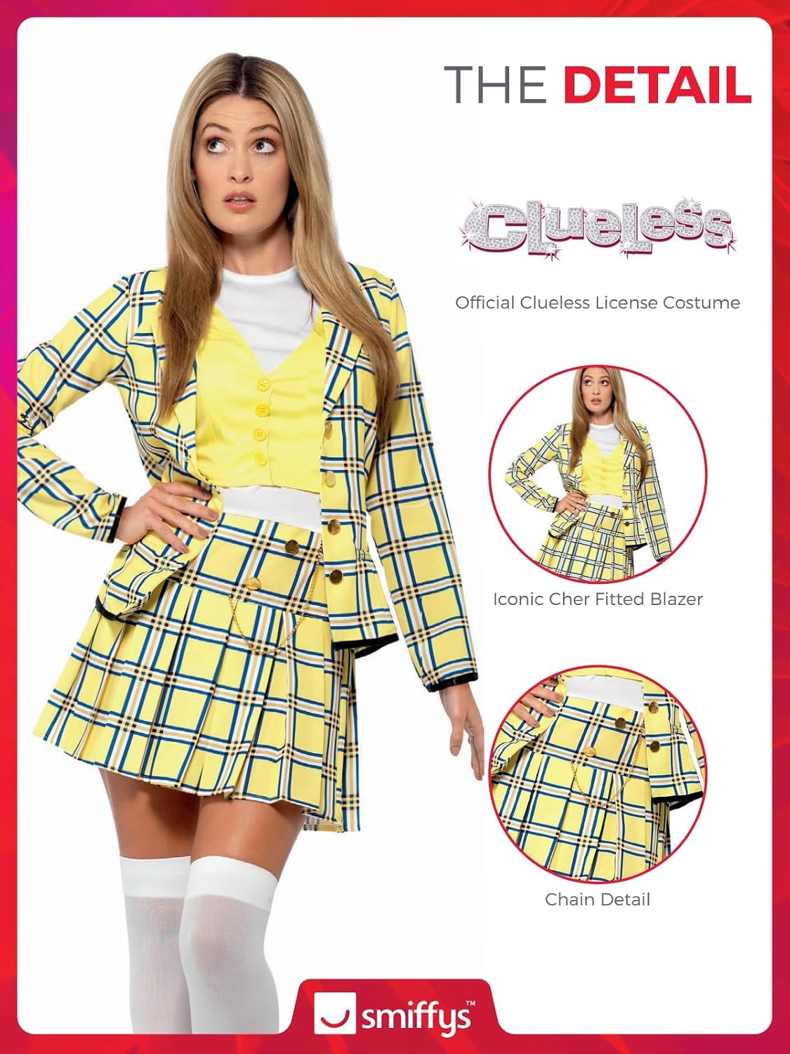 Visuel Smiffys « The detail » : logo Clueless, zooms sur la veste cintrée et la chaînette de la jupe