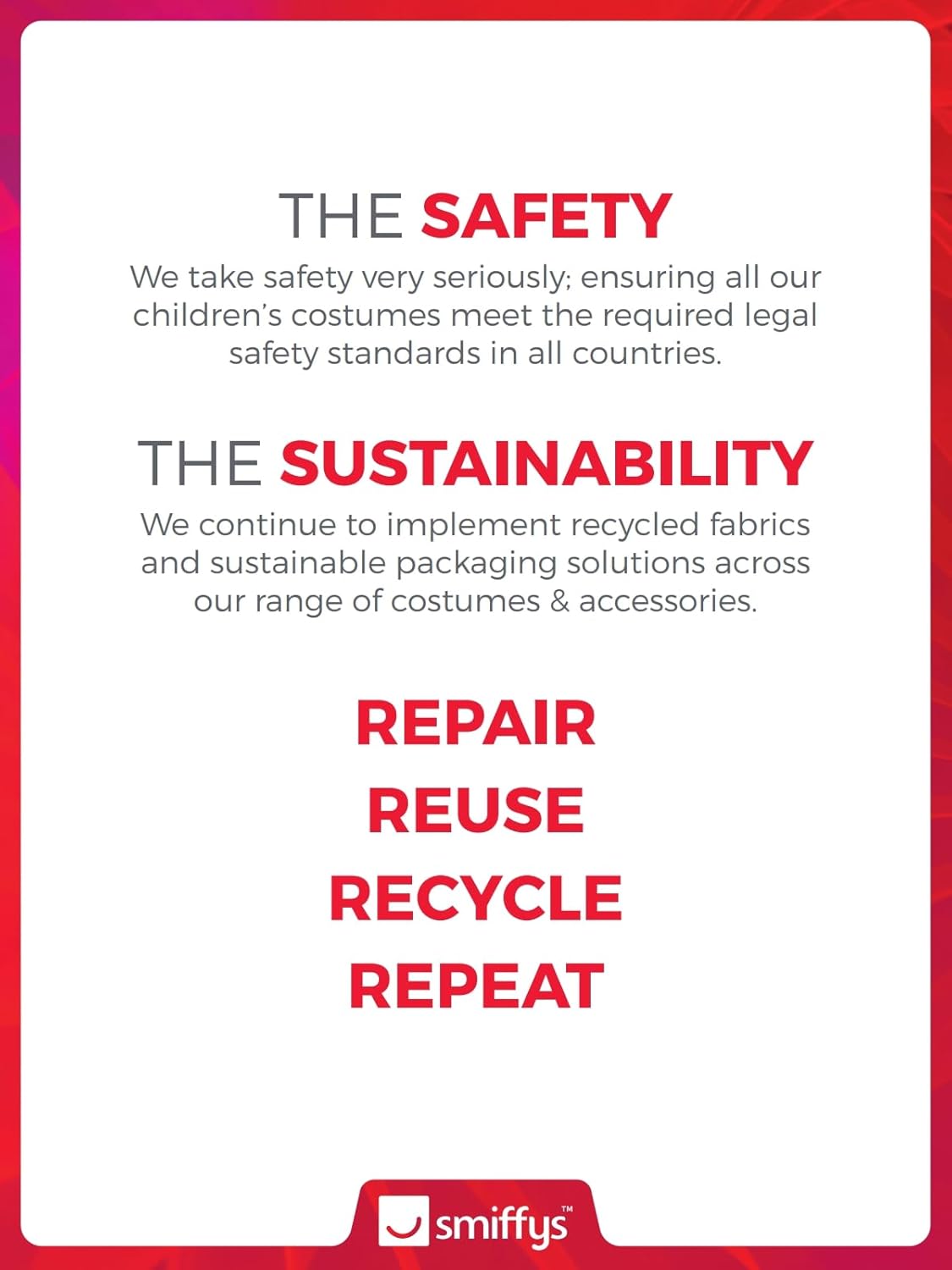Visuel Smiffys sur la sécurité et le recyclage, texte en anglais