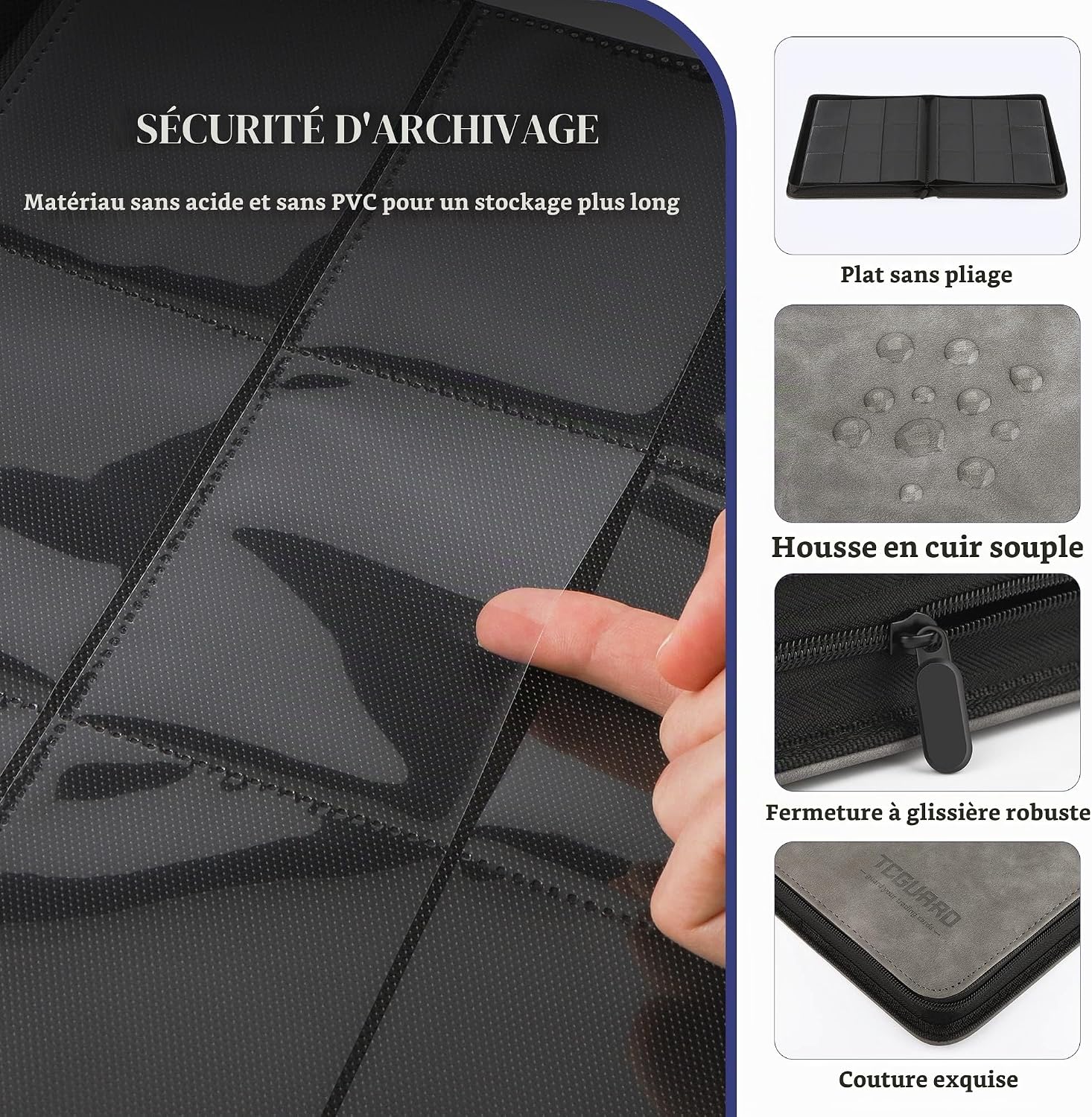 Visuel du classeur TCGUARD : pages sans acide ni PVC, zip et coutures