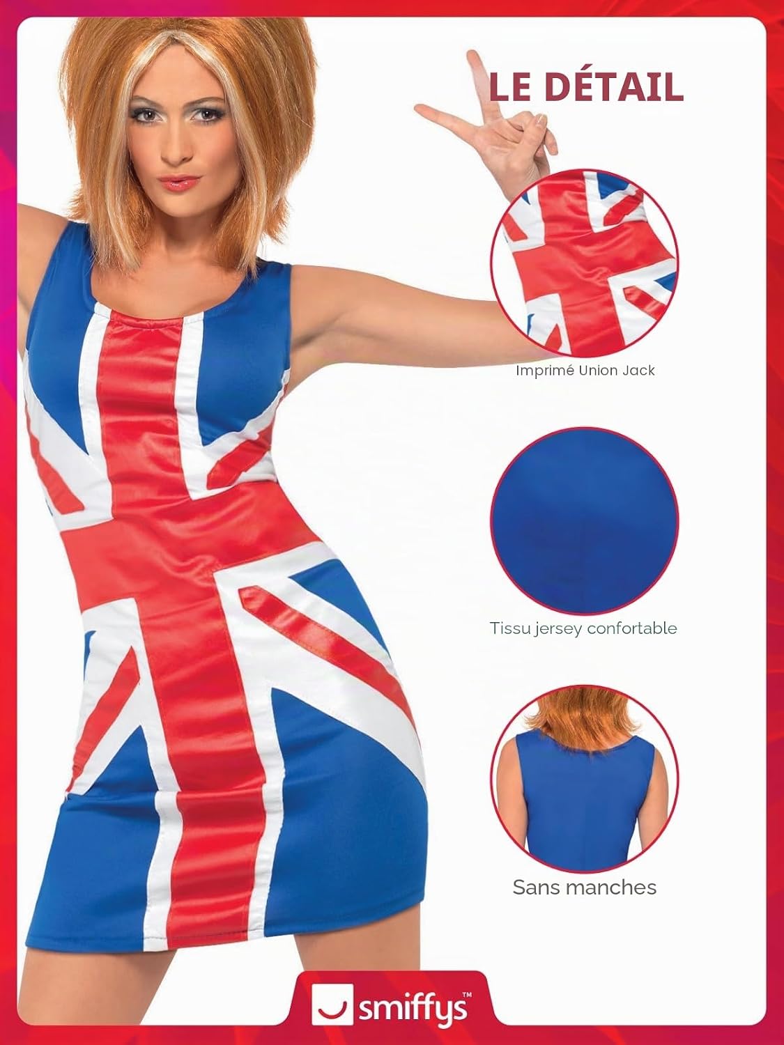 Visuel « Le détail » : zooms sur limprimé Union Jack, le tissu jersey et le dos sans manches