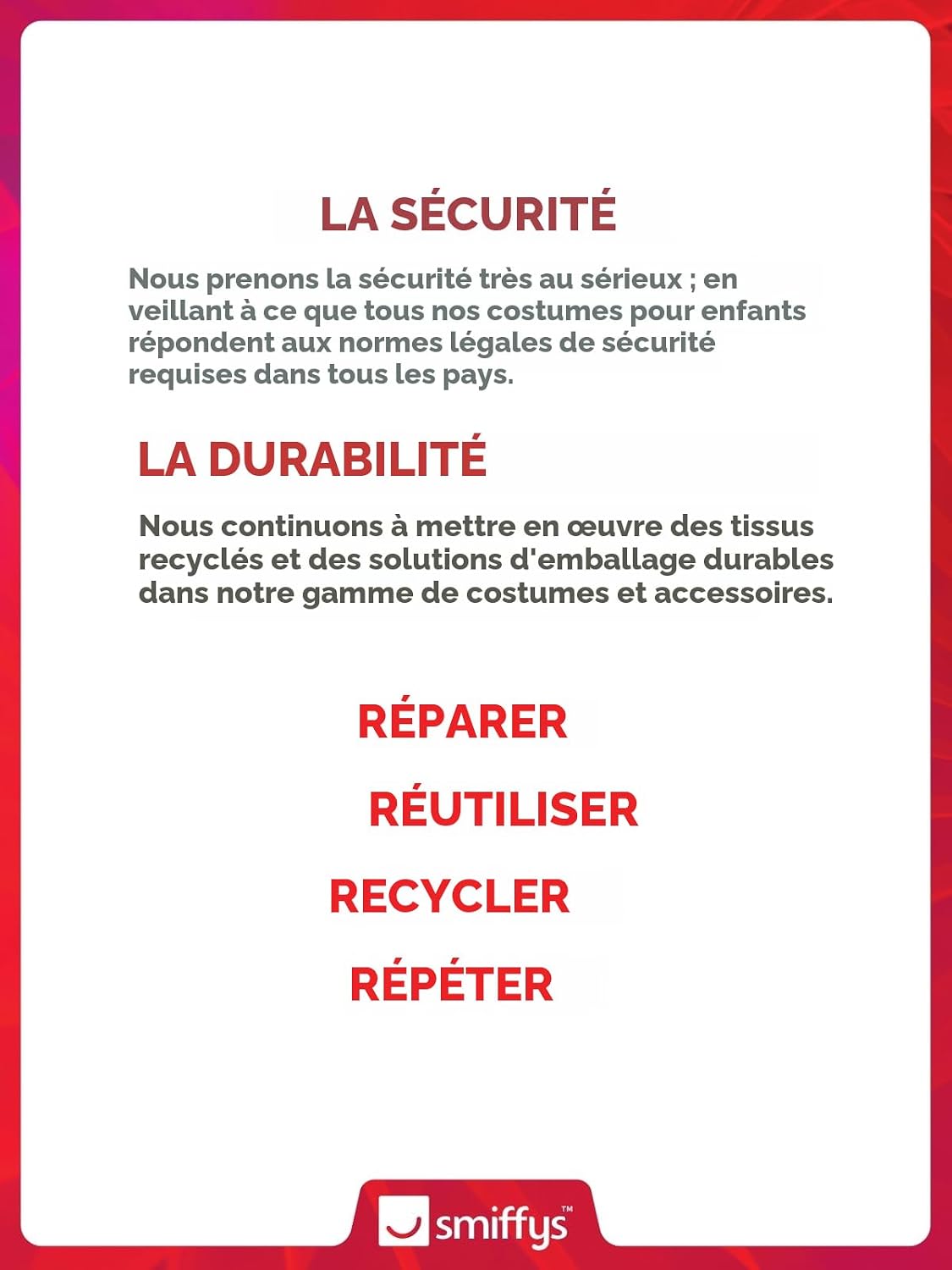 Visuel Smiffys sur la sécurité et la durabilité, texte en français