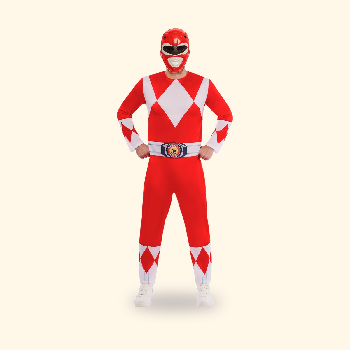 Déguisement adulte de Ranger rouge Mighty Morphin Rubies porté de face, combinaison et masque, sur fond crème