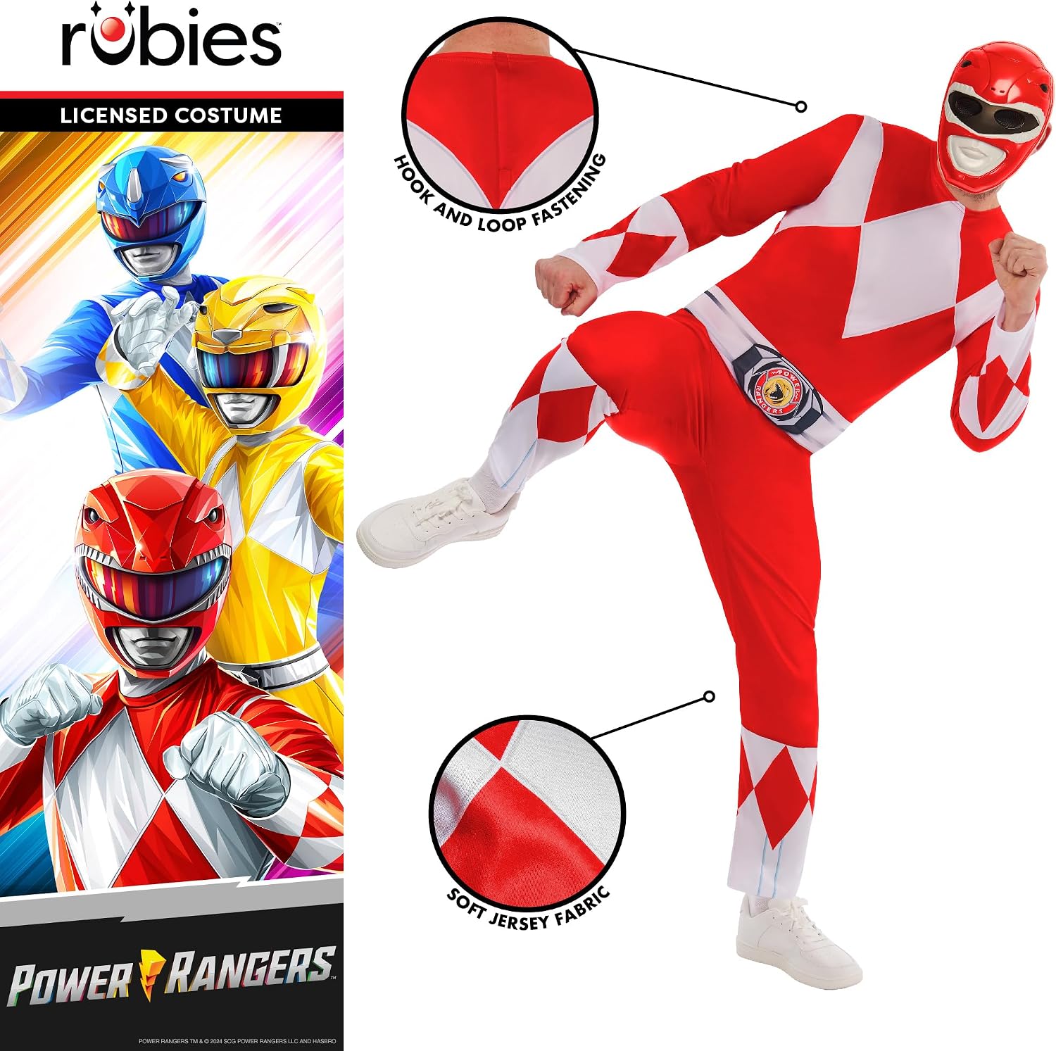 Visuel Rubies : homme en pose de coup de pied, zooms sur la fermeture auto-agrippante et le jersey