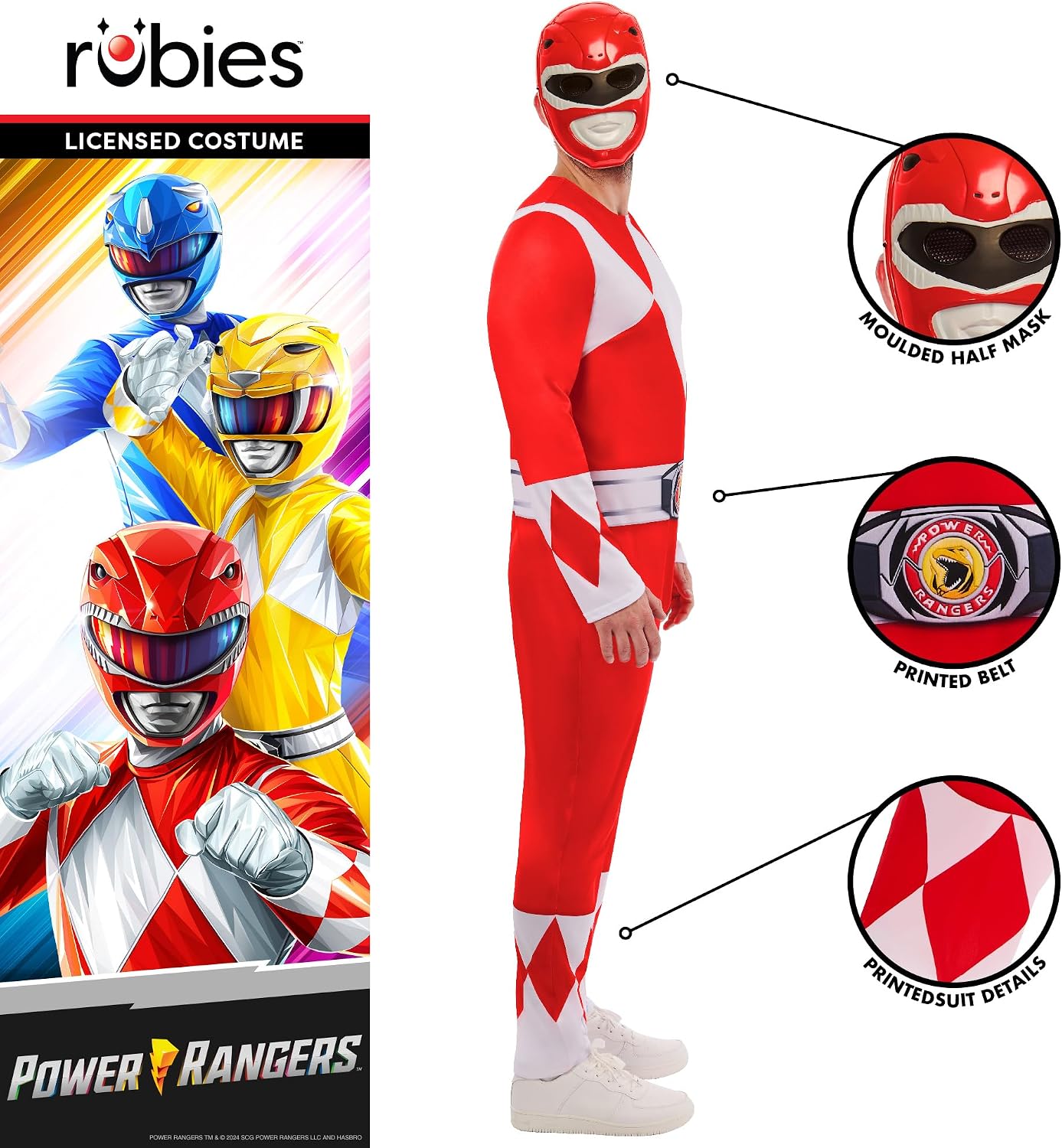 Visuel Rubies de profil : zooms sur le masque moulé, la ceinture imprimée et les losanges