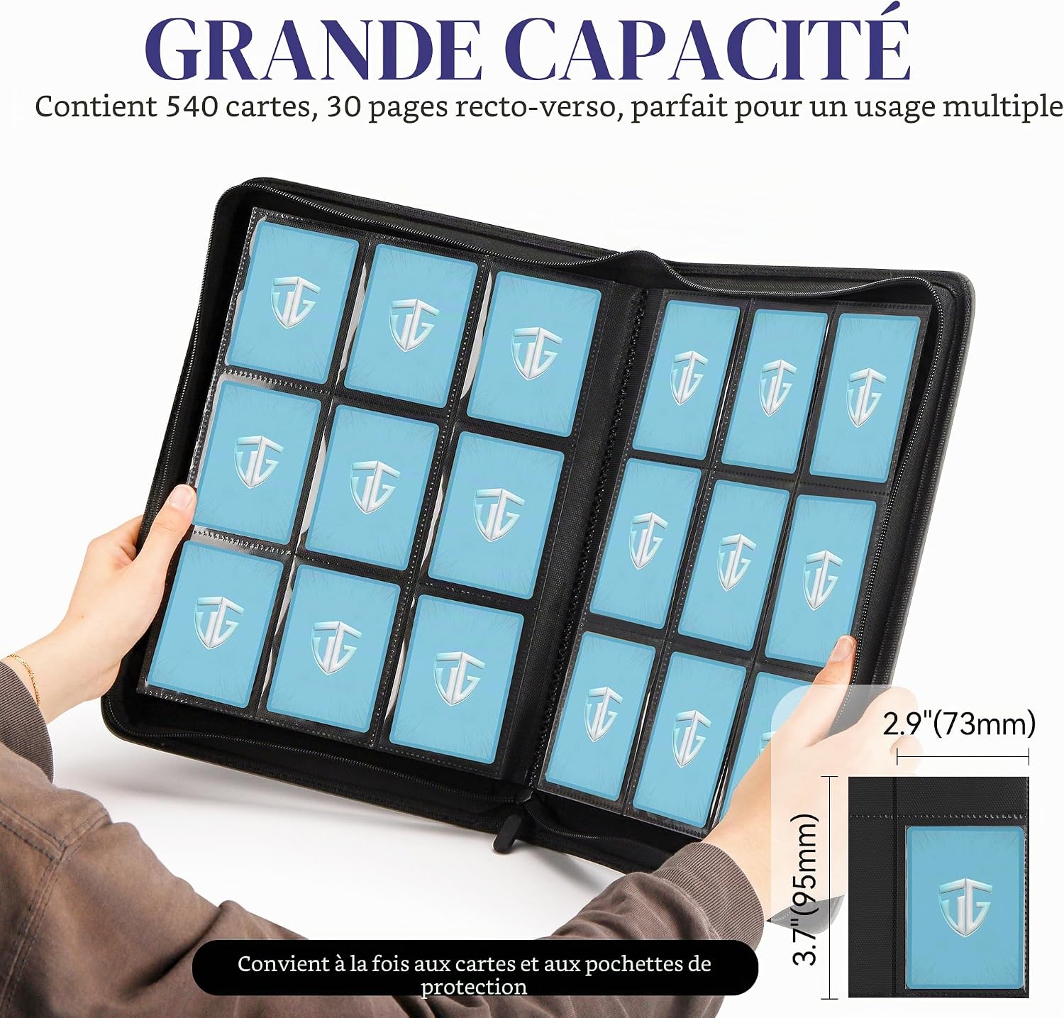Classeur TCGUARD ouvert : 540 cartes sur 30 pages recto verso
