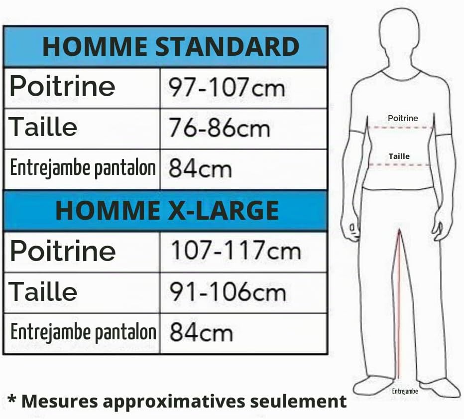 Tableau des tailles homme Standard et X-Large : tours de poitrine, de taille et entrejambe
