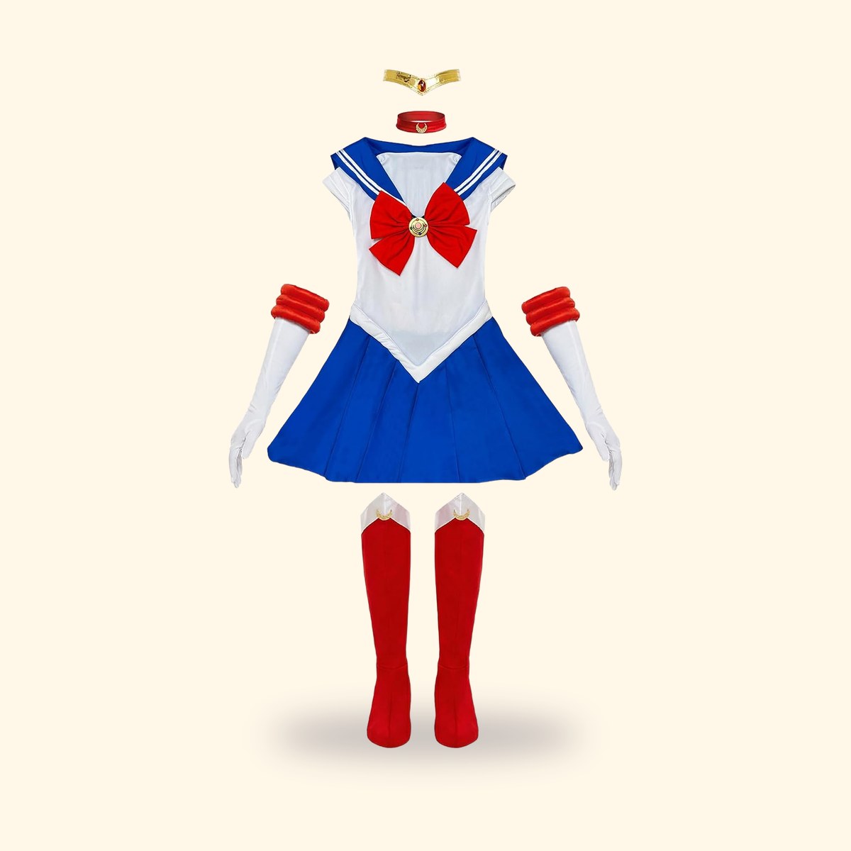 Déguisement Sailor Moon Funidelia à plat : robe, ras-de-cou, tiare, gants et couvre-bottes rouges, sur fond crème
