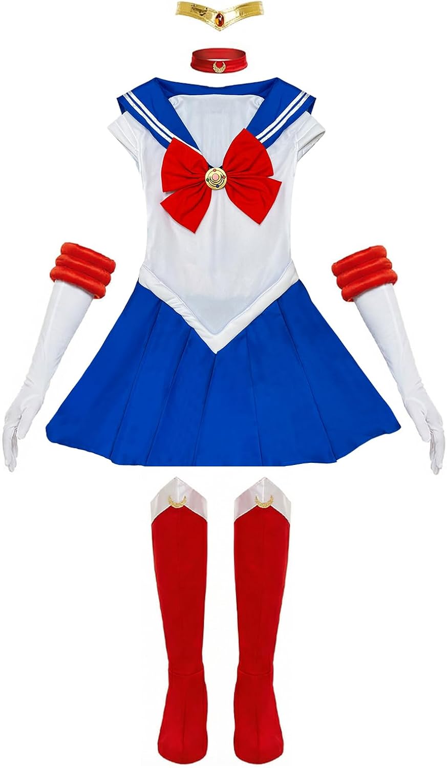 Le costume seul : robe au col marin, ras-de-cou, tiare, gants longs et couvre-bottes rouges