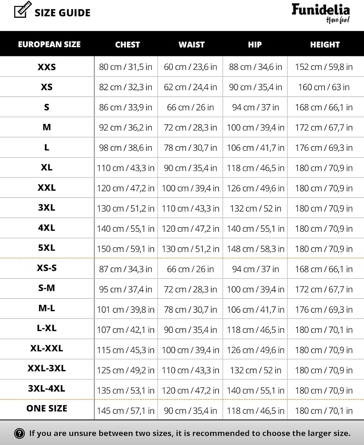Guide des tailles Funidelia en anglais, du XXS au 5XL, avec poitrine, taille, hanches et hauteur