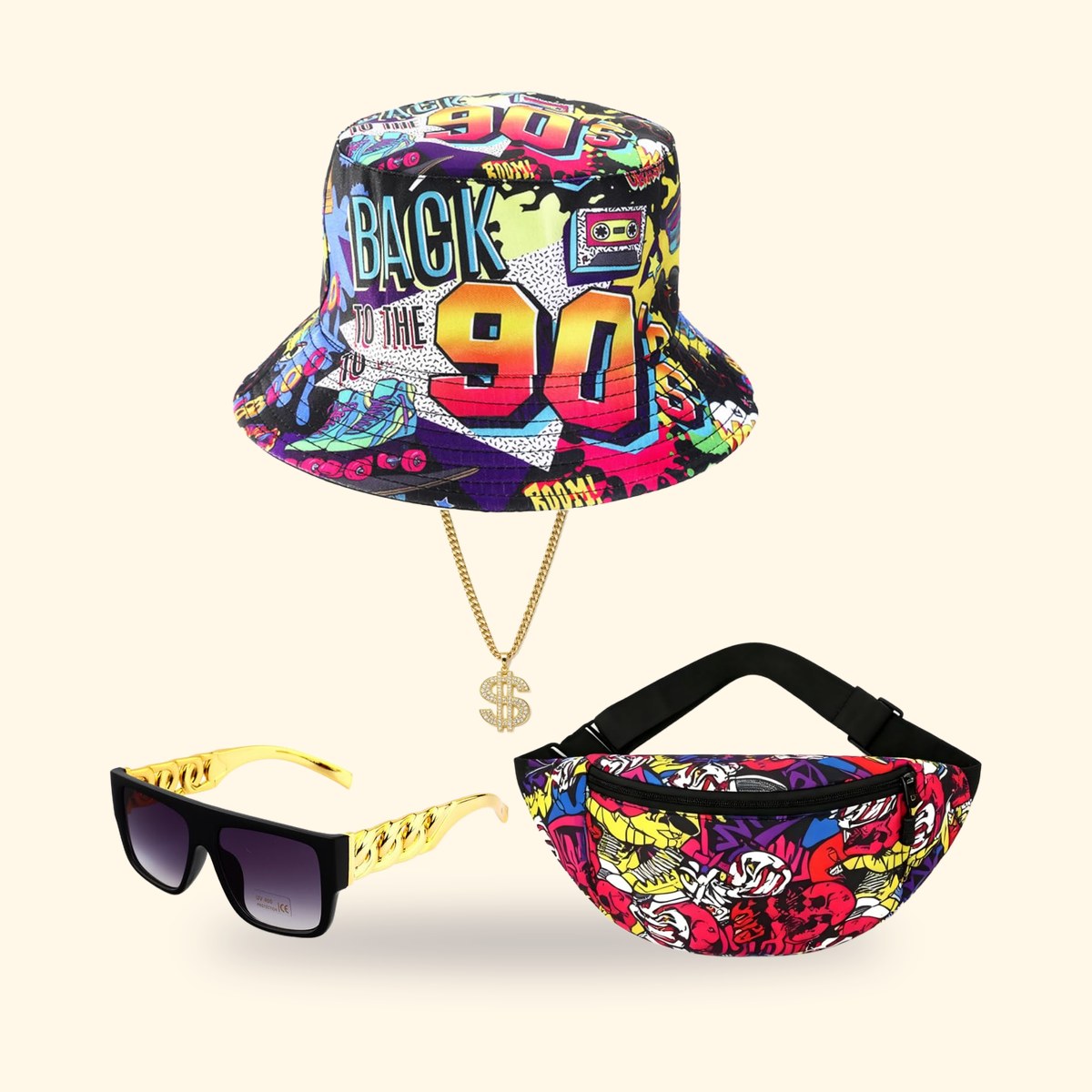 Kit hip-hop années 90 : bob Back to the 90's, chaîne à pendentif dollar, lunettes noires et banane, sur fond crème