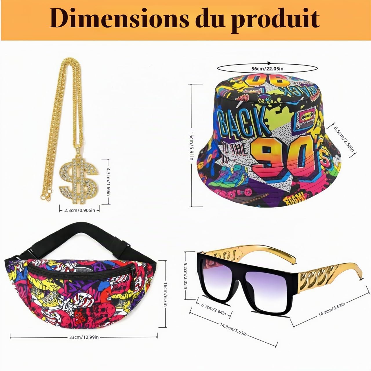 Schéma des dimensions donné par le vendeur pour la chaîne, le bob, la banane et les lunettes