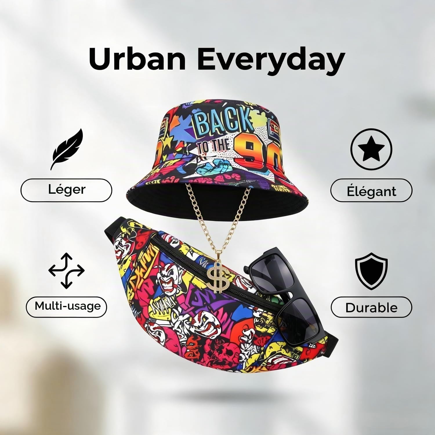Visuel « Urban Everyday » : le bob, la chaîne, les lunettes et la banane entourés de pictogrammes
