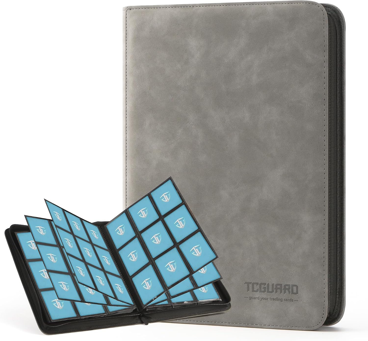 Classeur TCGUARD gris avec ses pages à 9 pochettes, vu de trois quarts