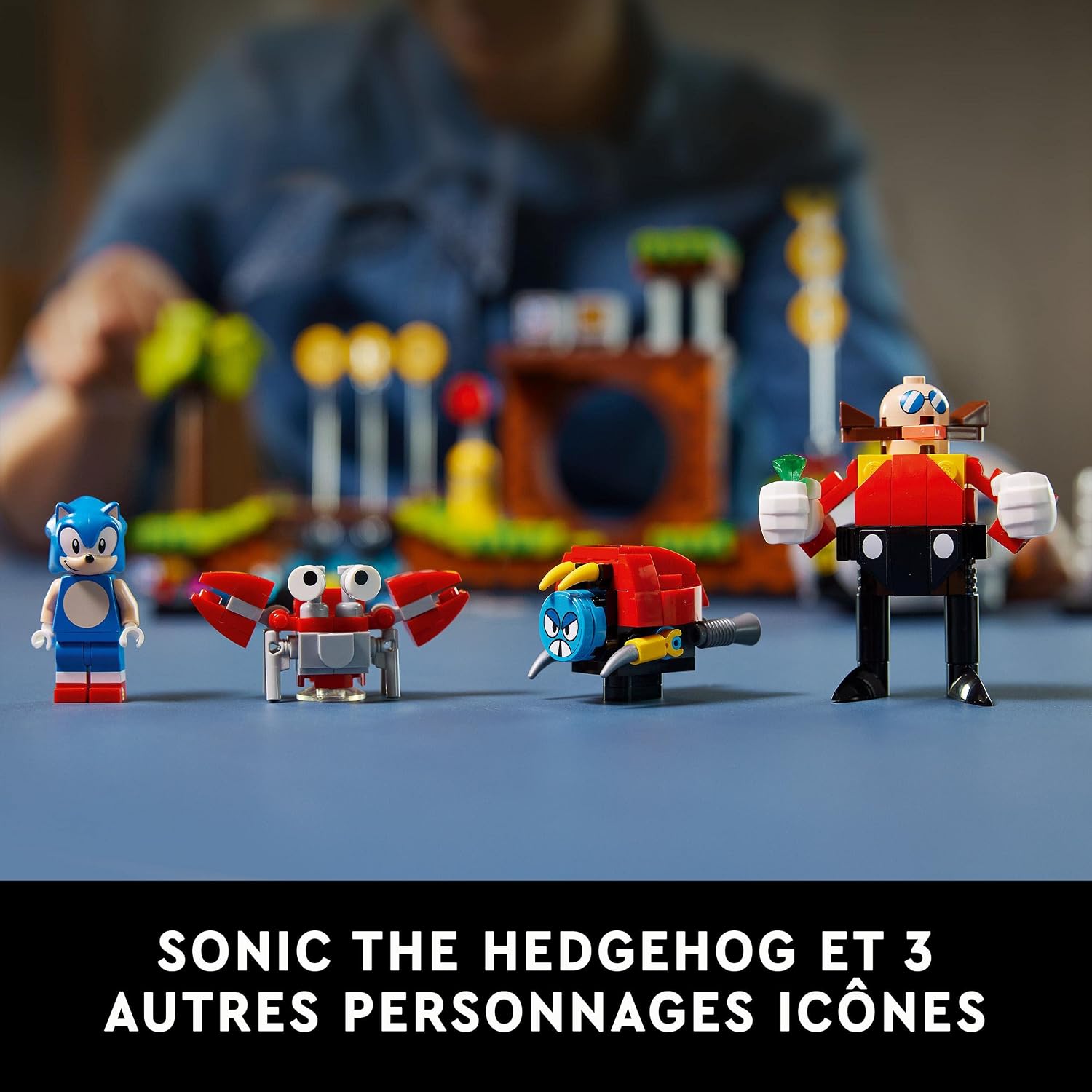 Sonic, le Crabmeat, le Moto Bug et Dr Eggman alignés devant le niveau LEGO, légende en français