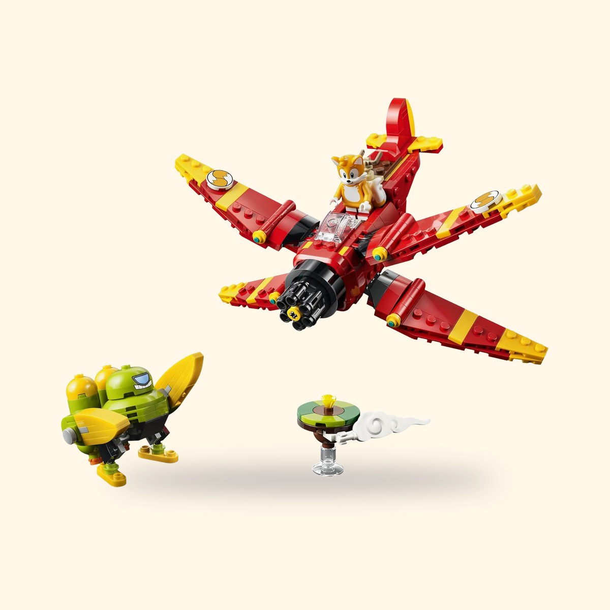 Biplan LEGO Tornado-1 avec Tails aux commandes, le Badnik et l'île flottante, sur fond crème