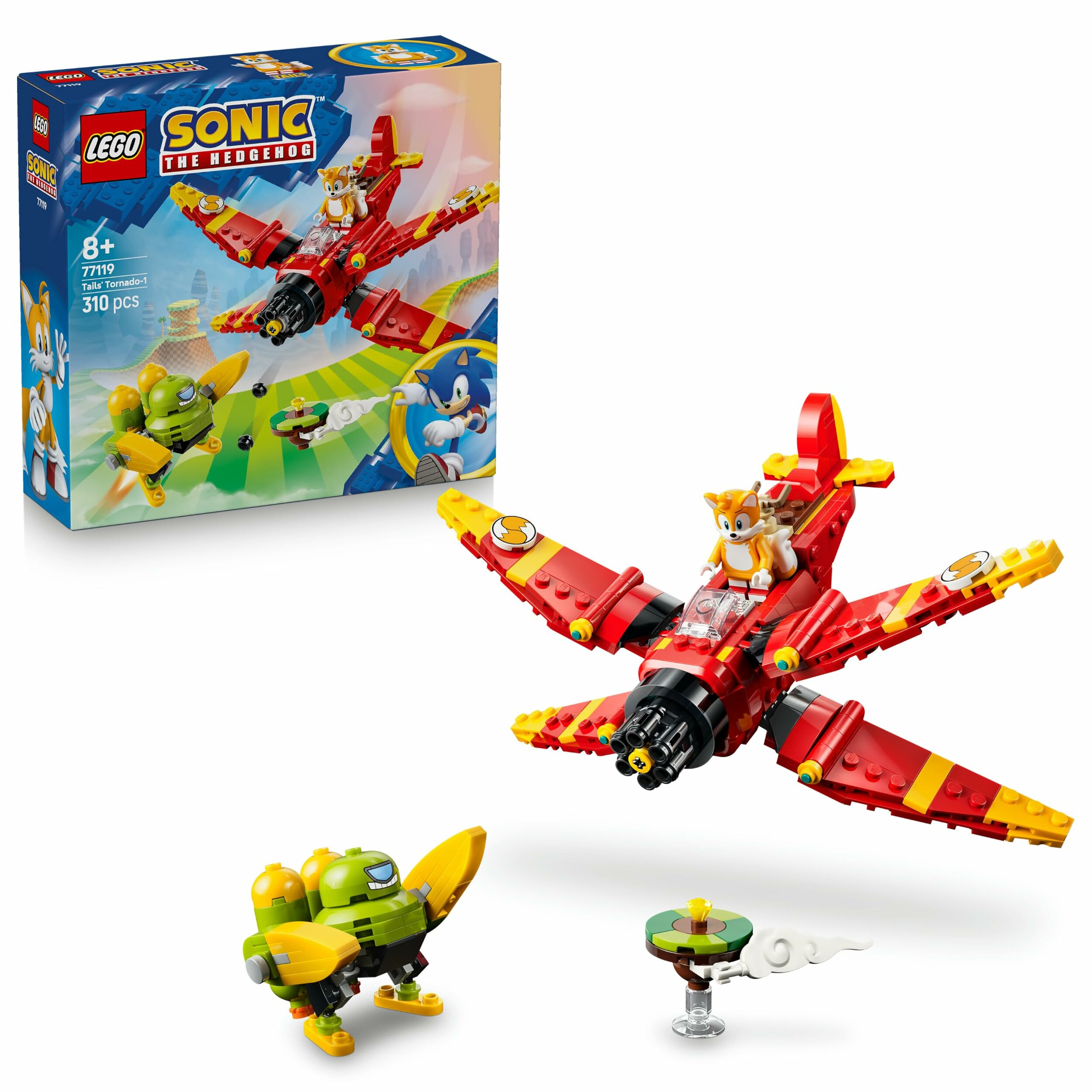 Boîte du set LEGO Sonic 77119 Le Tornado-1 de Tails, avec lavion monté, le Badnik et lîle devant