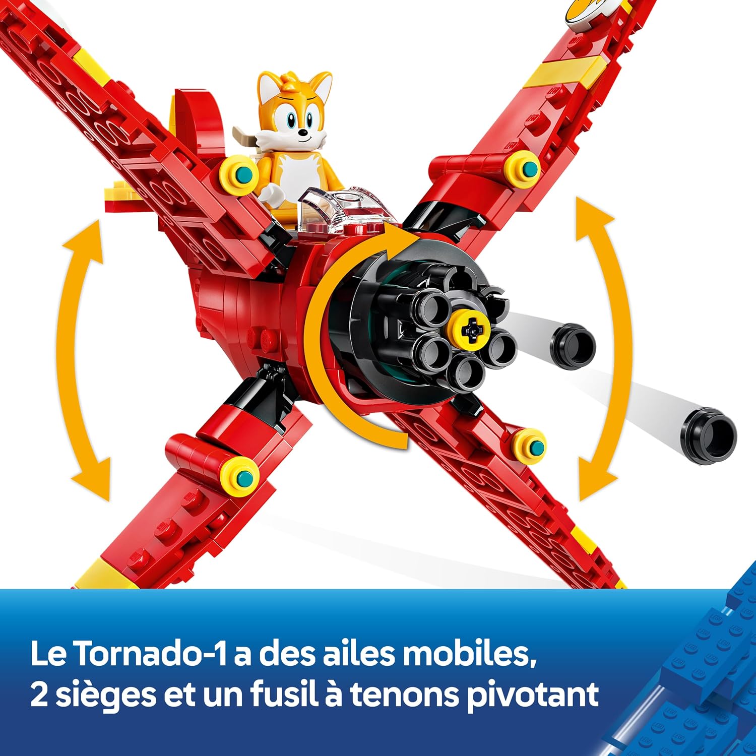 Gros plan de face sur le Tornado-1 LEGO, flèches montrant les ailes mobiles, légende en français
