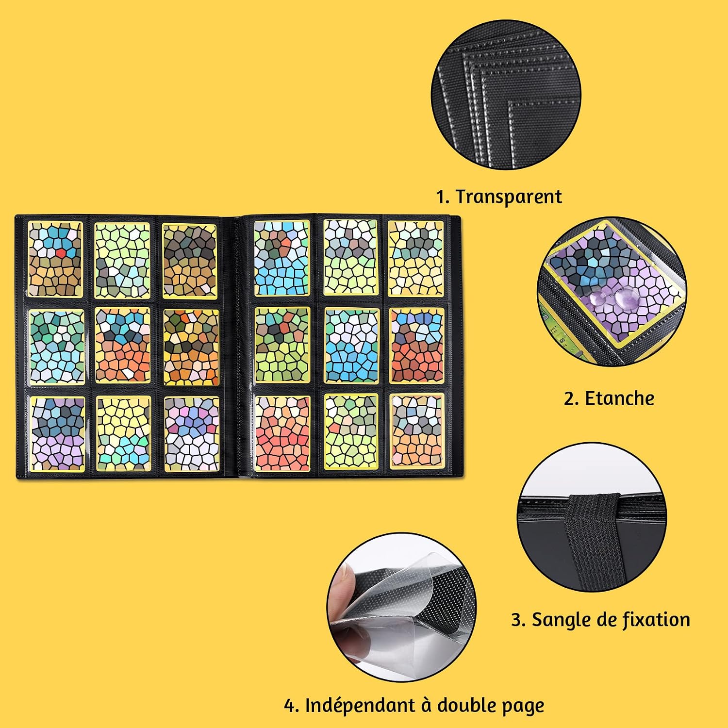 Détails du classeur Revspoir : pochettes transparentes, sangle de fixation, pages doubles