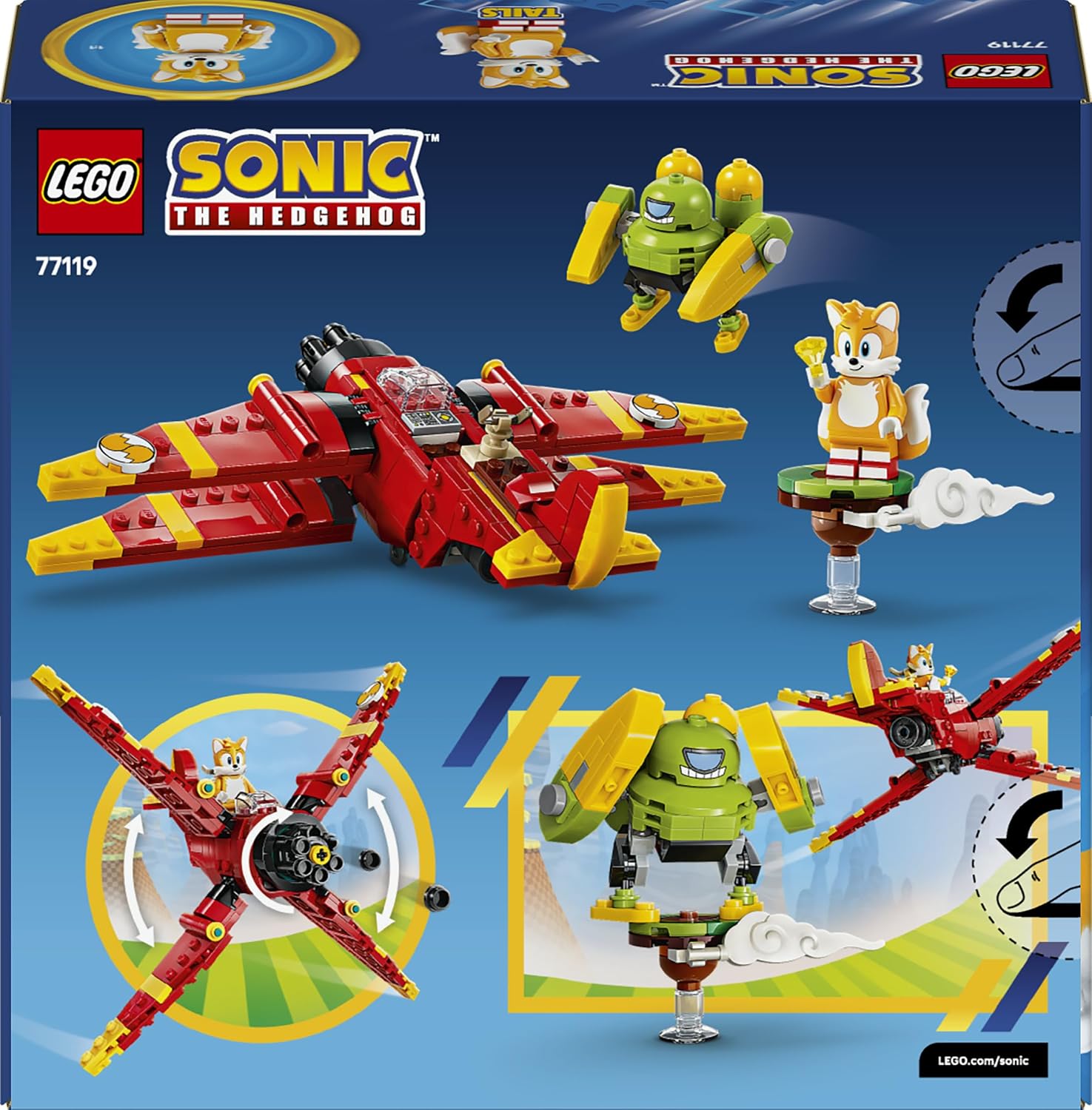 Dos de la boîte du set LEGO Sonic 77119, avec des photos du Tornado-1 et de ses fonctions