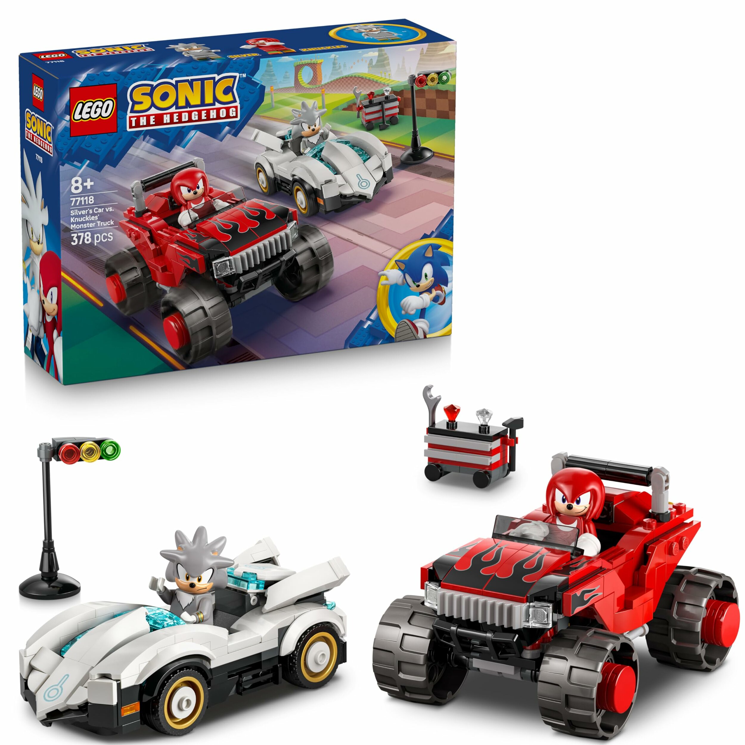 Boîte du set LEGO Sonic 77118 et les deux véhicules montés devant, avec le feu de départ et la boîte à outils
