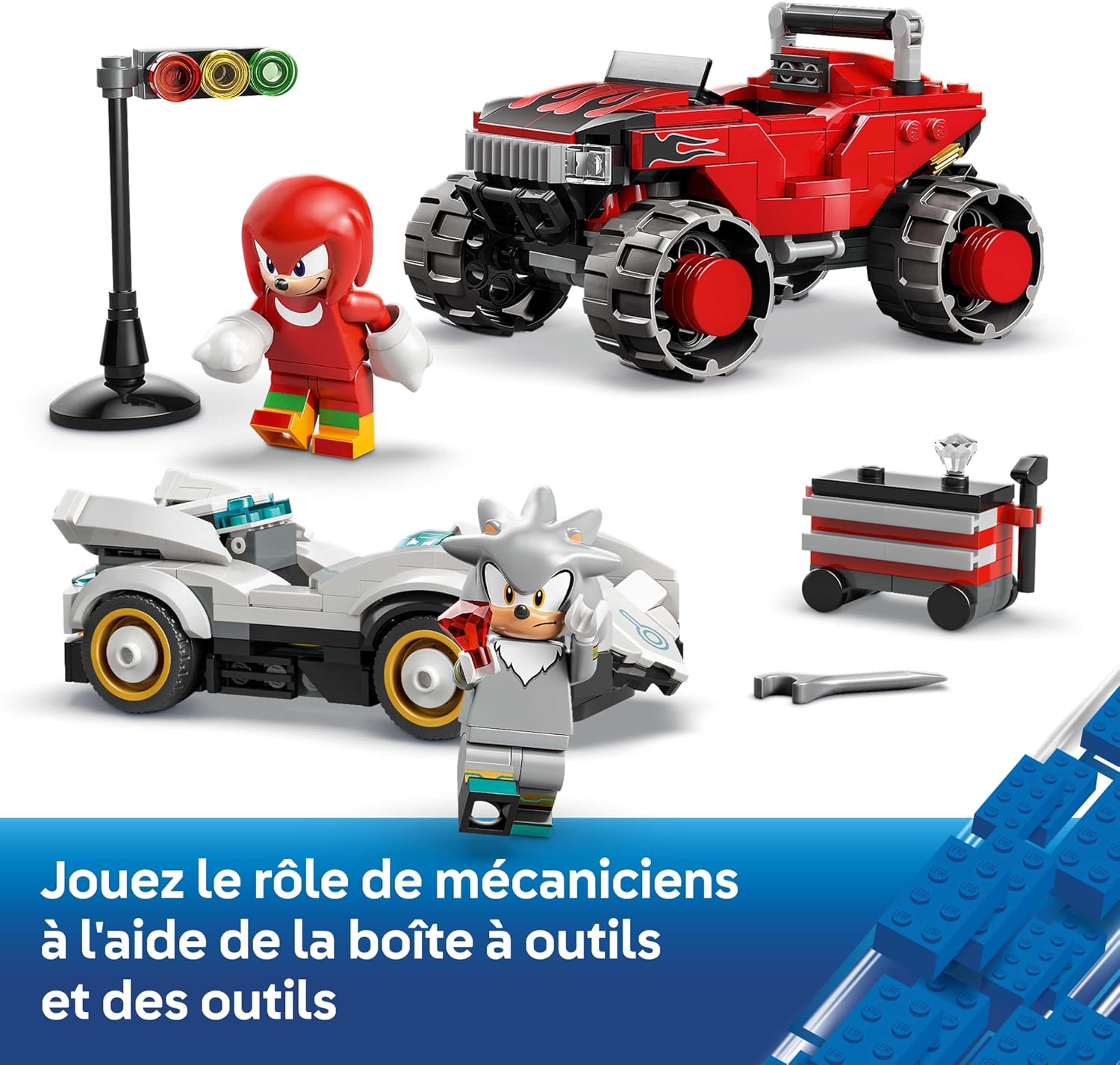 Knuckles, Silver, leurs deux véhicules, la boîte à outils et le feu de départ, légende en français