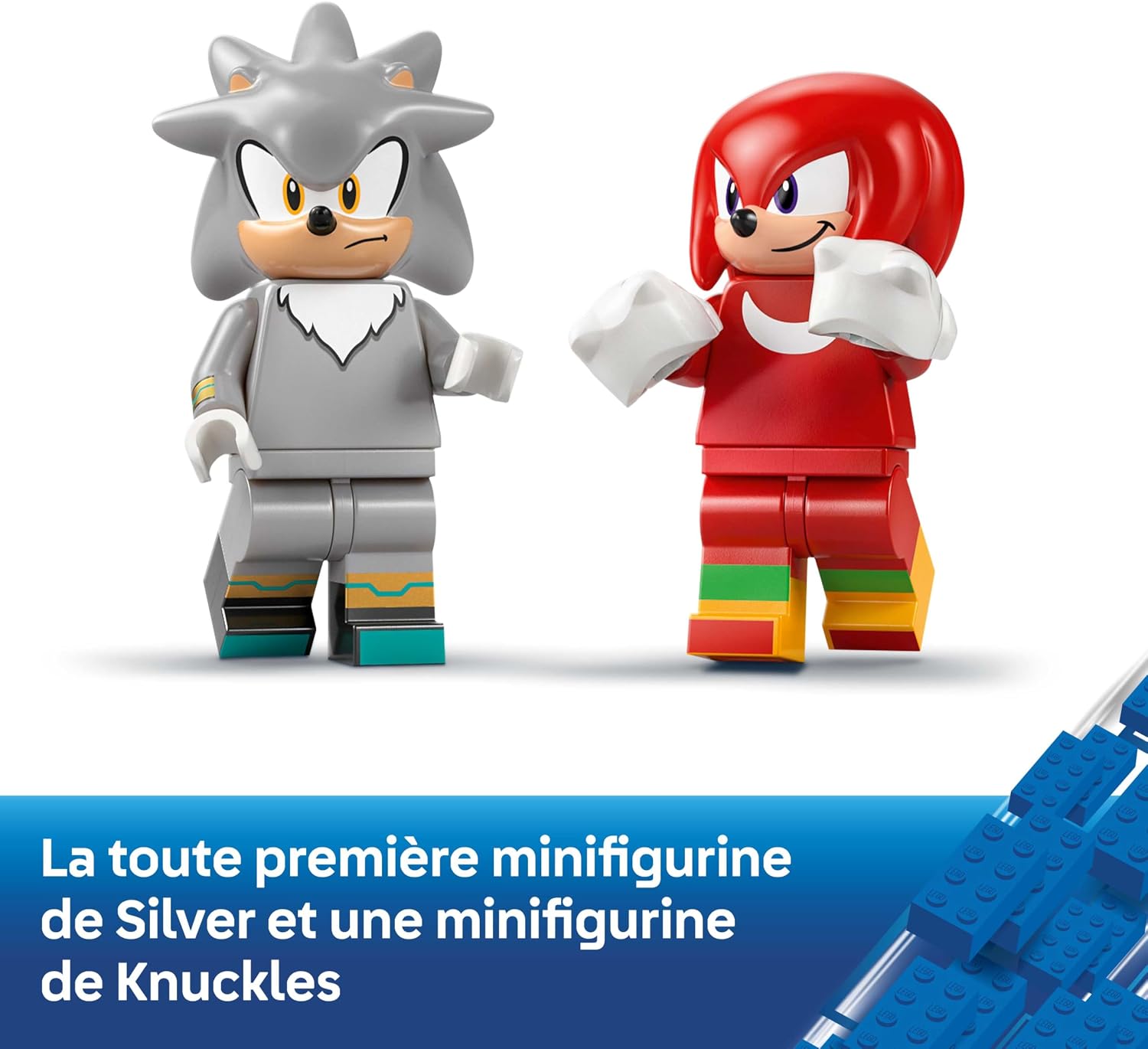 Gros plan sur les minifigurines de Silver et de Knuckles, légende en français