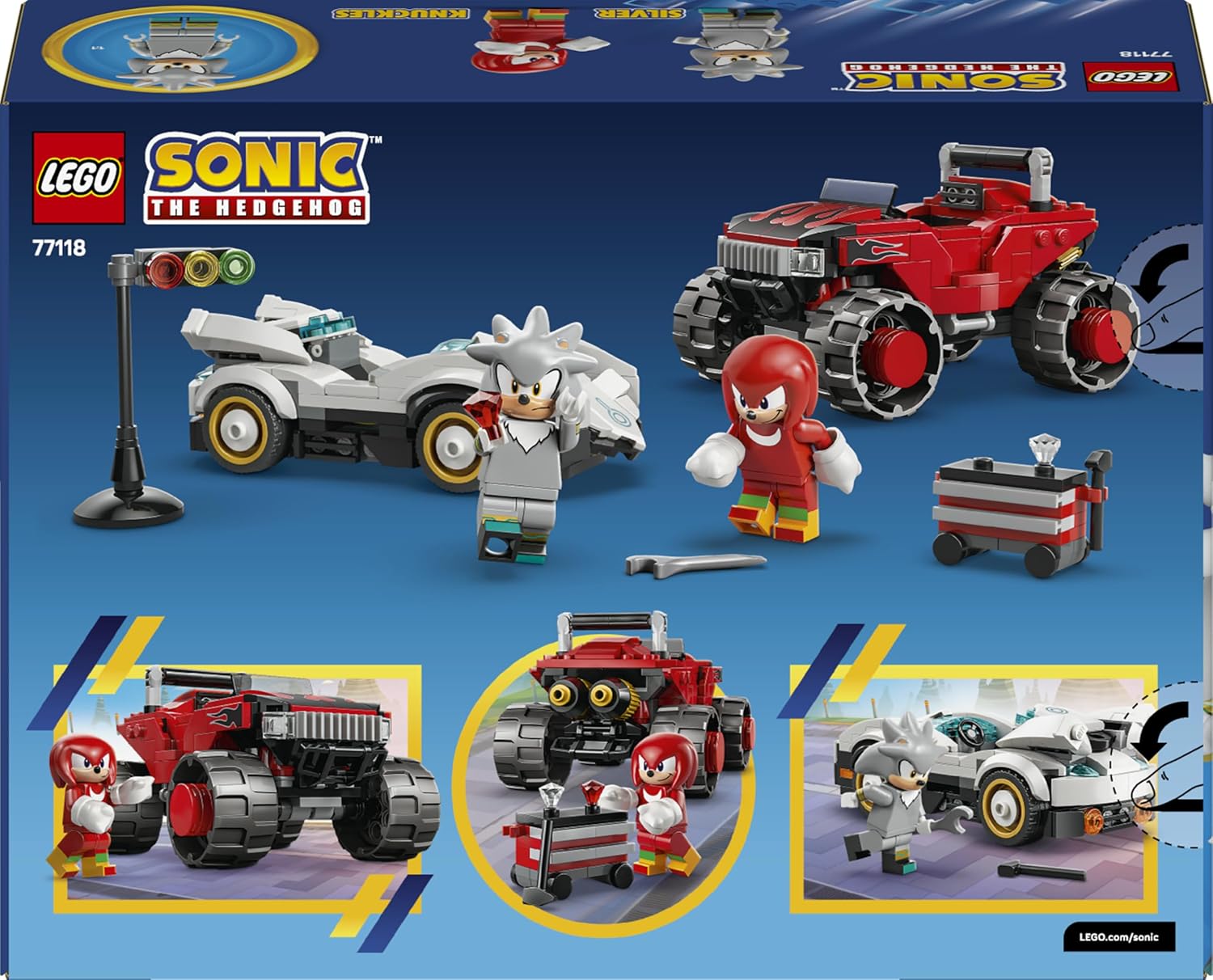 Dos de la boîte du set LEGO Sonic 77118, avec des photos des véhicules et des personnages