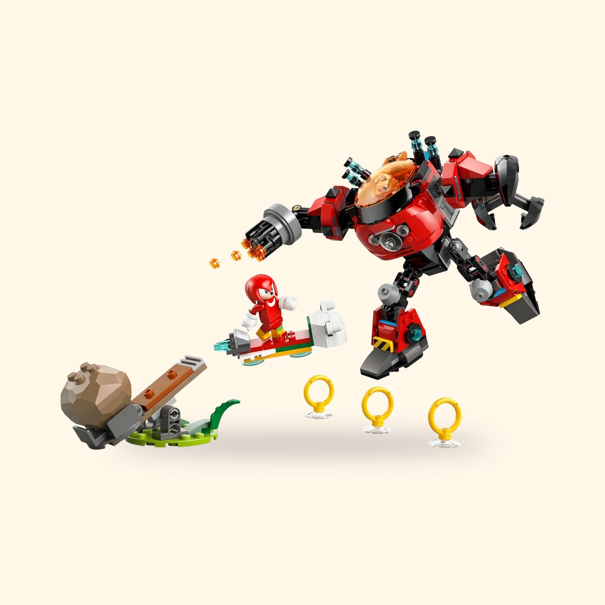 Robot Egg Crusher de Dr Eggman en LEGO face à Knuckles sur son hoverboard, avec la catapulte, sur fond crème