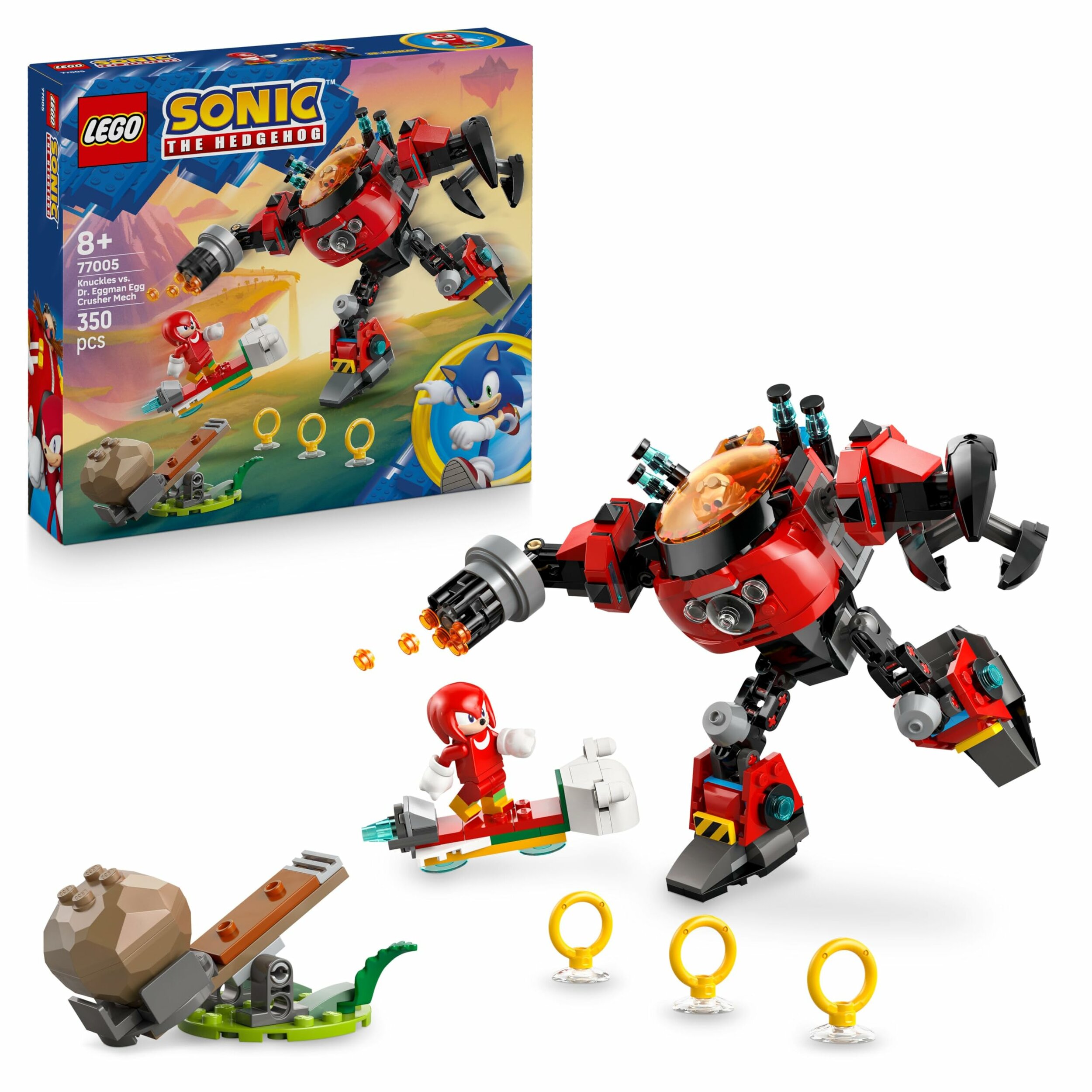 Boîte du set LEGO Sonic 77005 et la scène montée devant : lEgg Crusher, Knuckles, la catapulte et trois anneaux