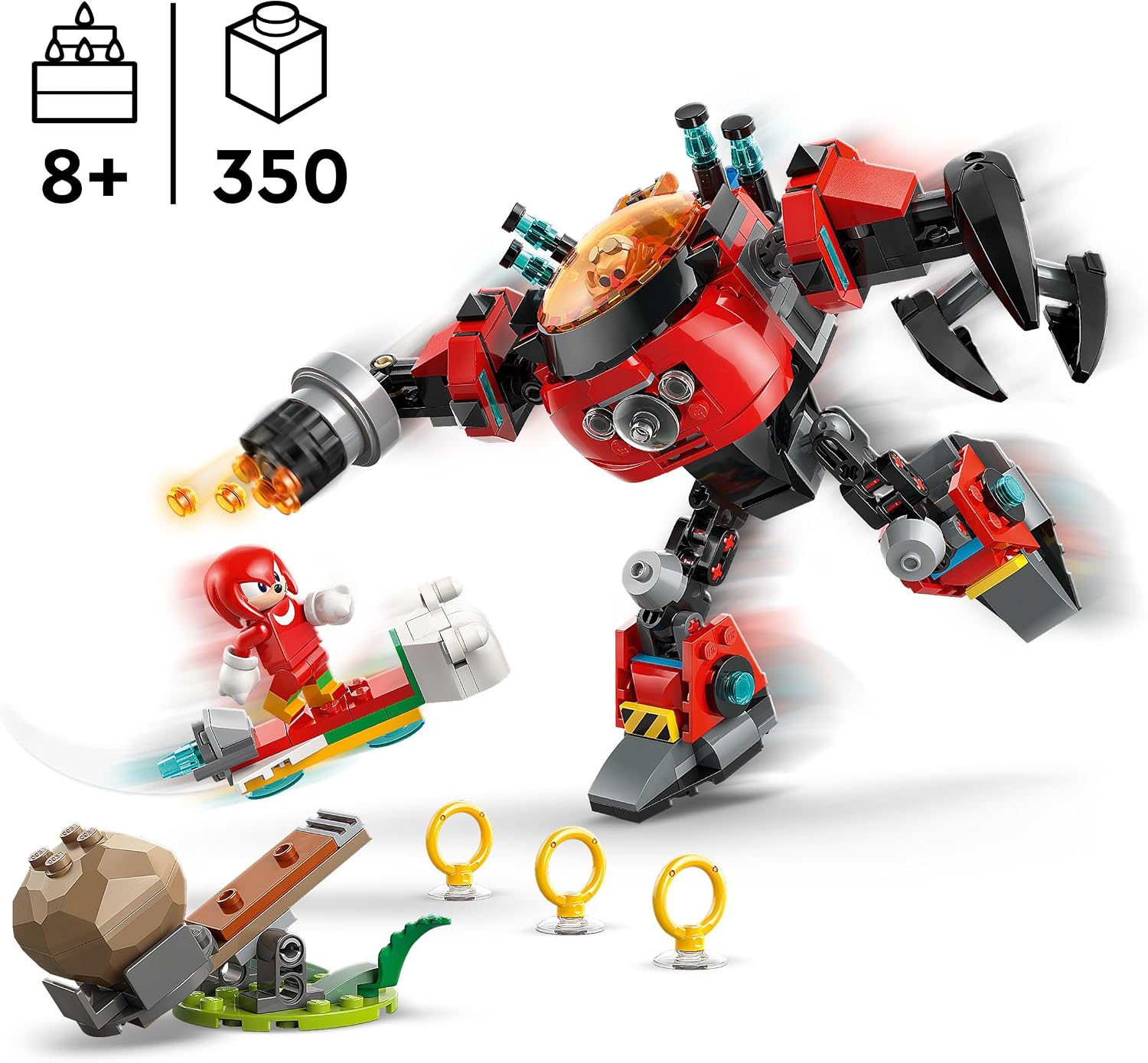 Knuckles sur son hoverboard face à lEgg Crusher LEGO qui tire, pastilles 8+ et 350 pièces
