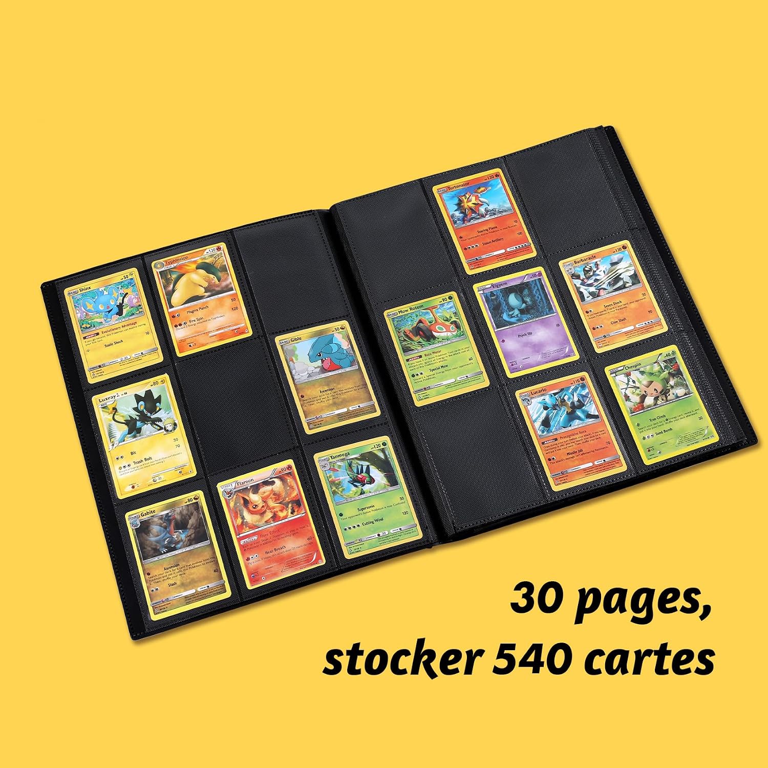 Classeur Revspoir ouvert sur des cartes Pokémon : 30 pages, 540 cartes
