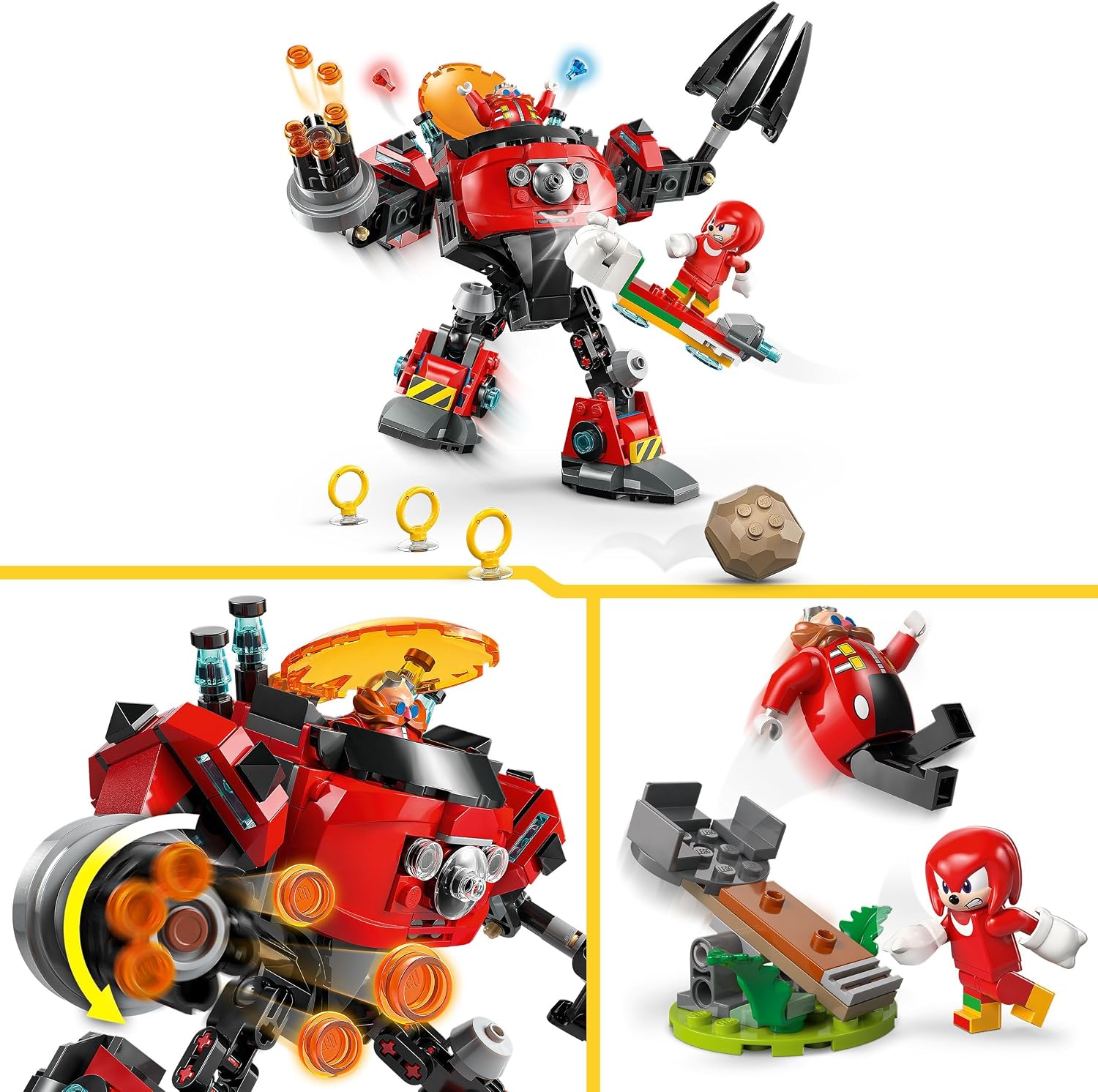 Trois vues : lEgg Crusher avec Dr Eggman au cockpit, son lanceur rotatif, et Knuckles près de la catapulte
