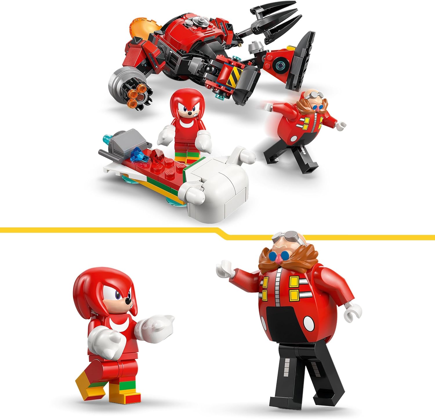 Le robot renversé et Knuckles sur lhoverboard avec deux émeraudes, puis Knuckles et Dr Eggman en gros plan