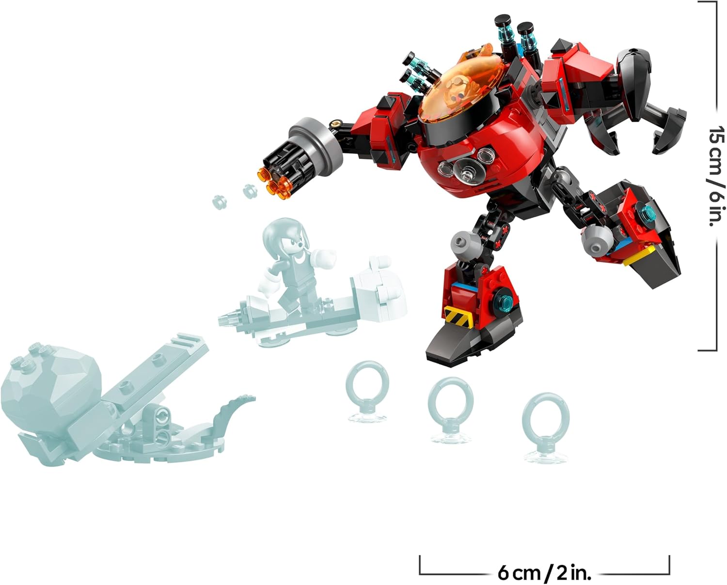 Schéma des dimensions : robot de 15 cm de haut et catapulte de 6 cm de large