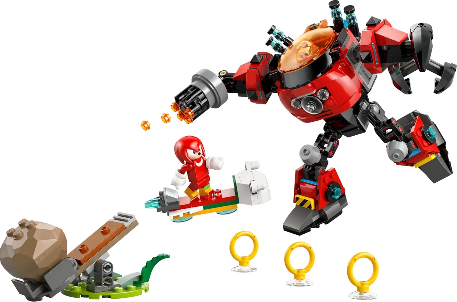 LEgg Crusher, Knuckles sur son hoverboard, la catapulte et trois anneaux, sur fond blanc