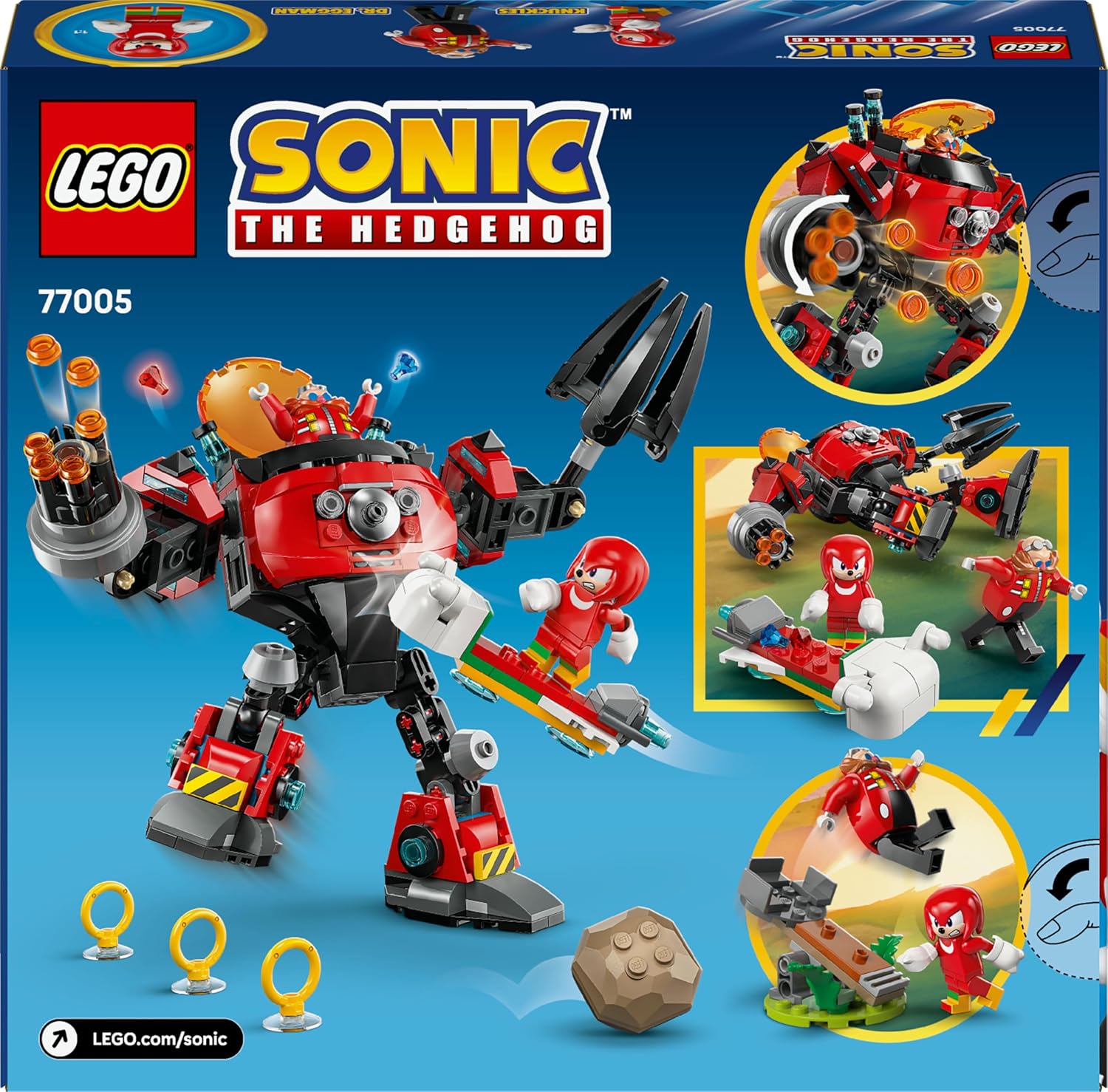 Dos de la boîte du set LEGO Sonic 77005, avec des photos du robot et de ses fonctions